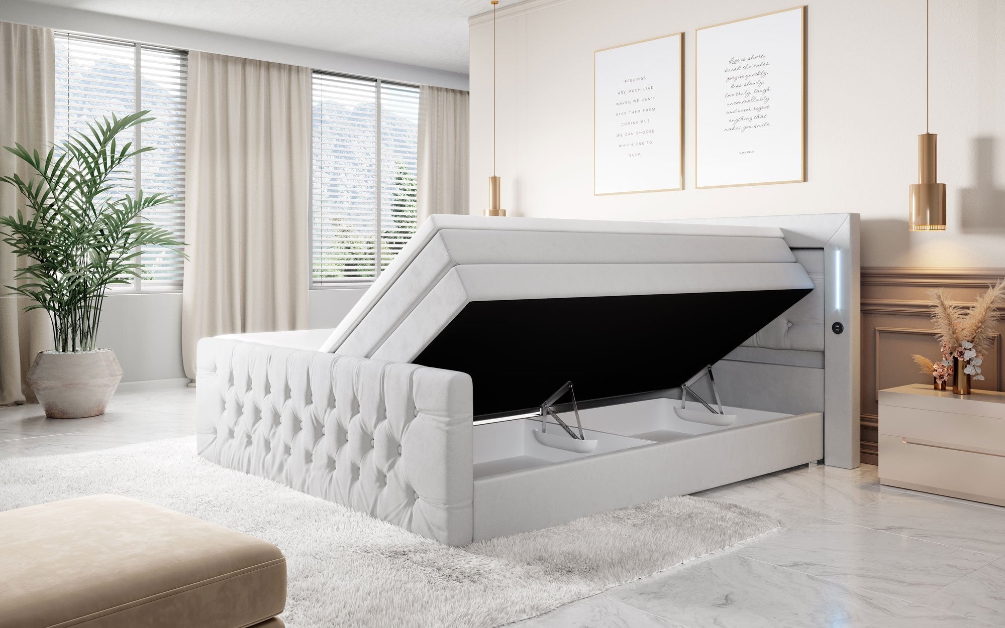Majestätisches Boxspringbett Samt mit LED-Beleuchtung, USB-Anschlüssen und Stauraum