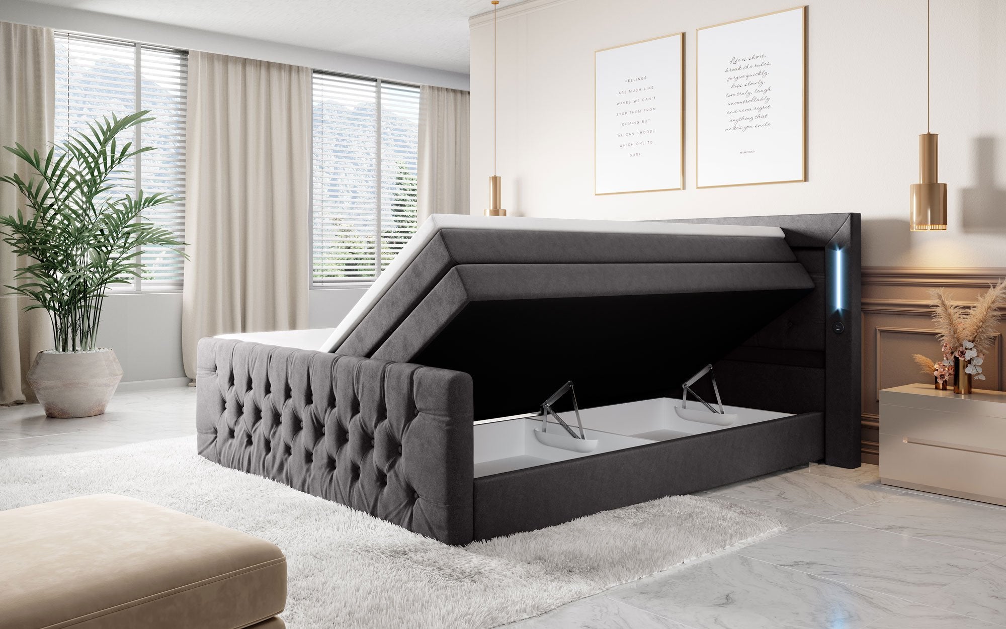 Majestätisches Boxspringbett Samt mit LED-Beleuchtung, USB-Anschlüssen und Stauraum