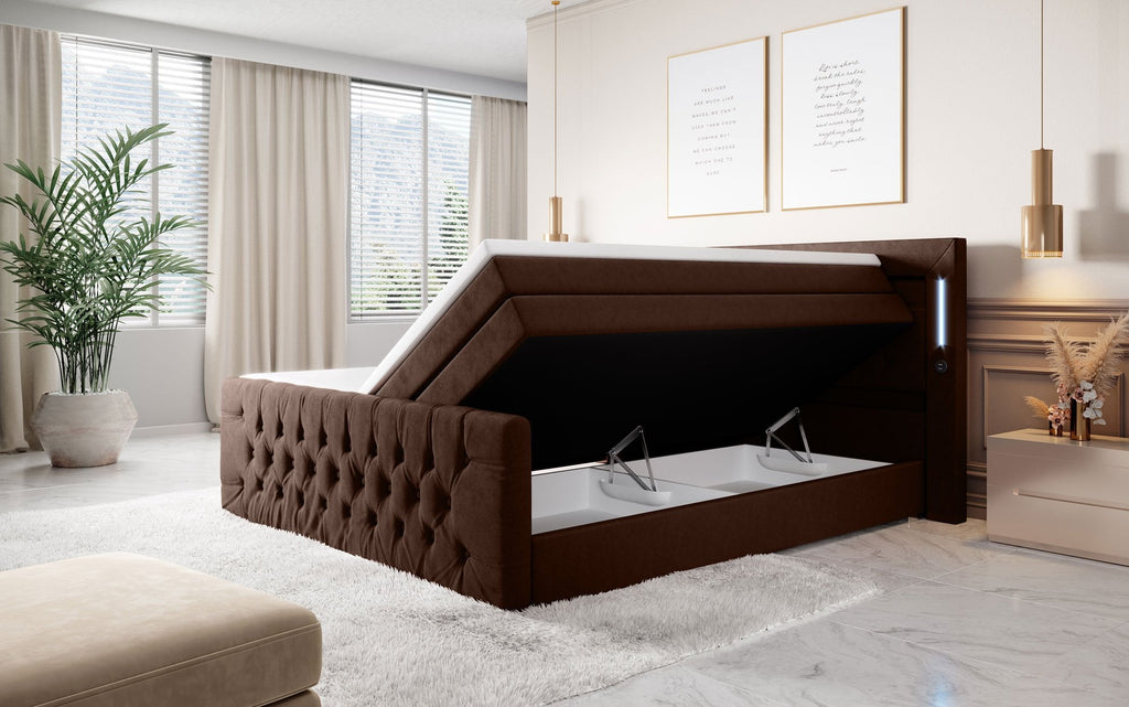 Majestätisches Boxspringbett Samt mit LED-Beleuchtung, USB-Anschlüssen und Stauraum