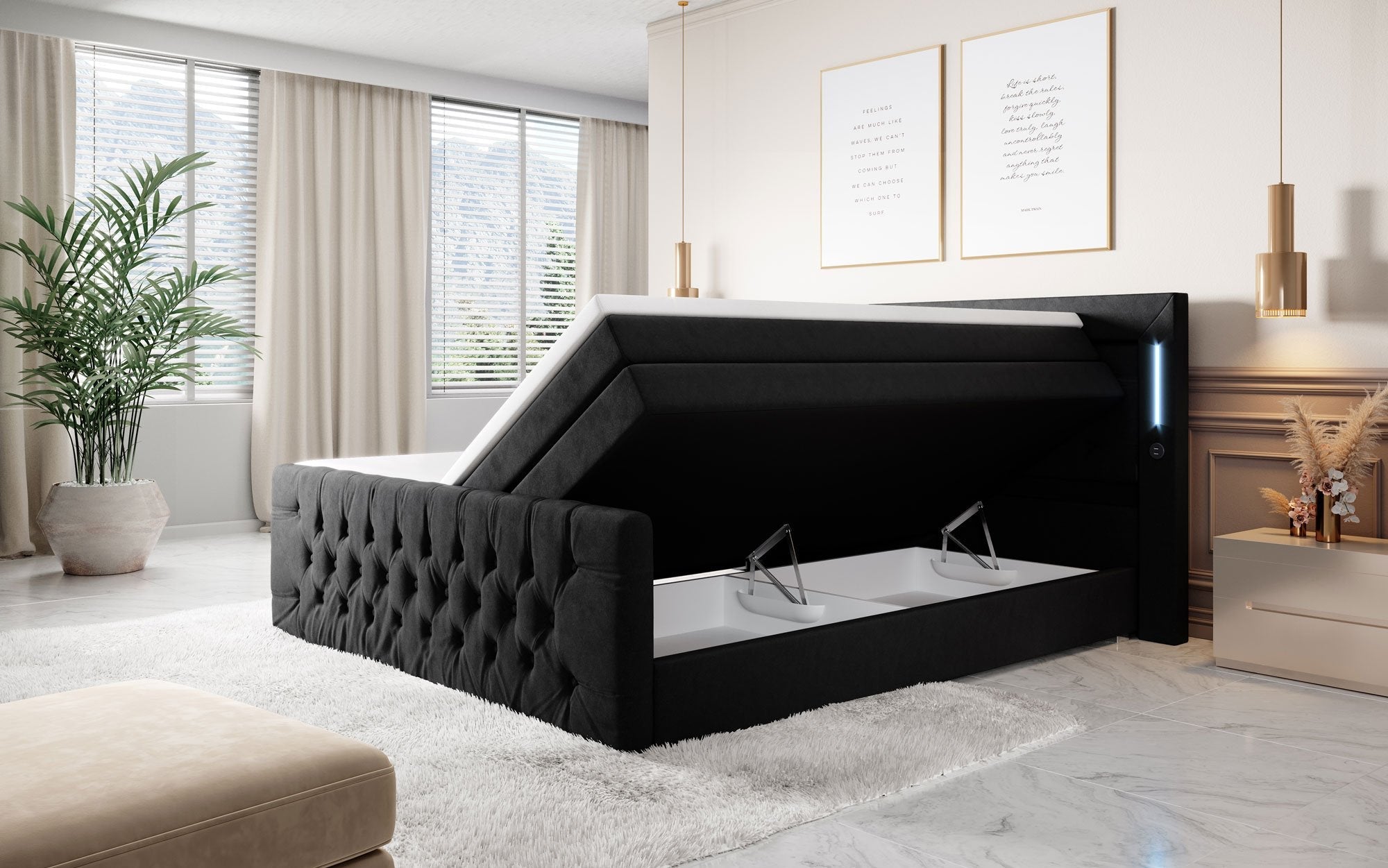 Majestätisches Boxspringbett Samt mit LED-Beleuchtung, USB-Anschlüssen und Stauraum