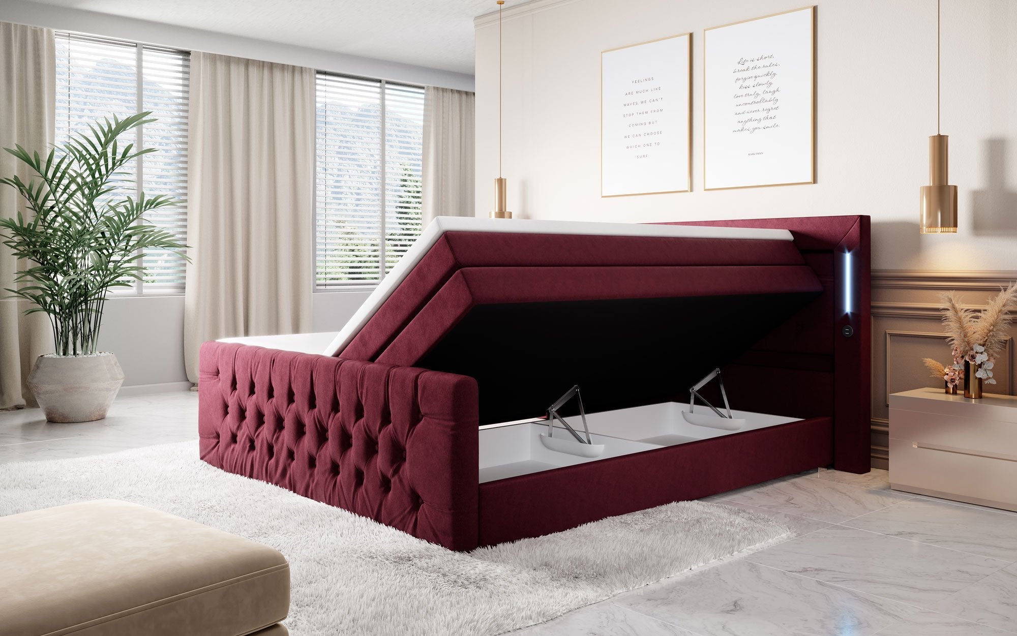 Majestätisches Boxspringbett Samt mit LED-Beleuchtung, USB-Anschlüssen und Stauraum