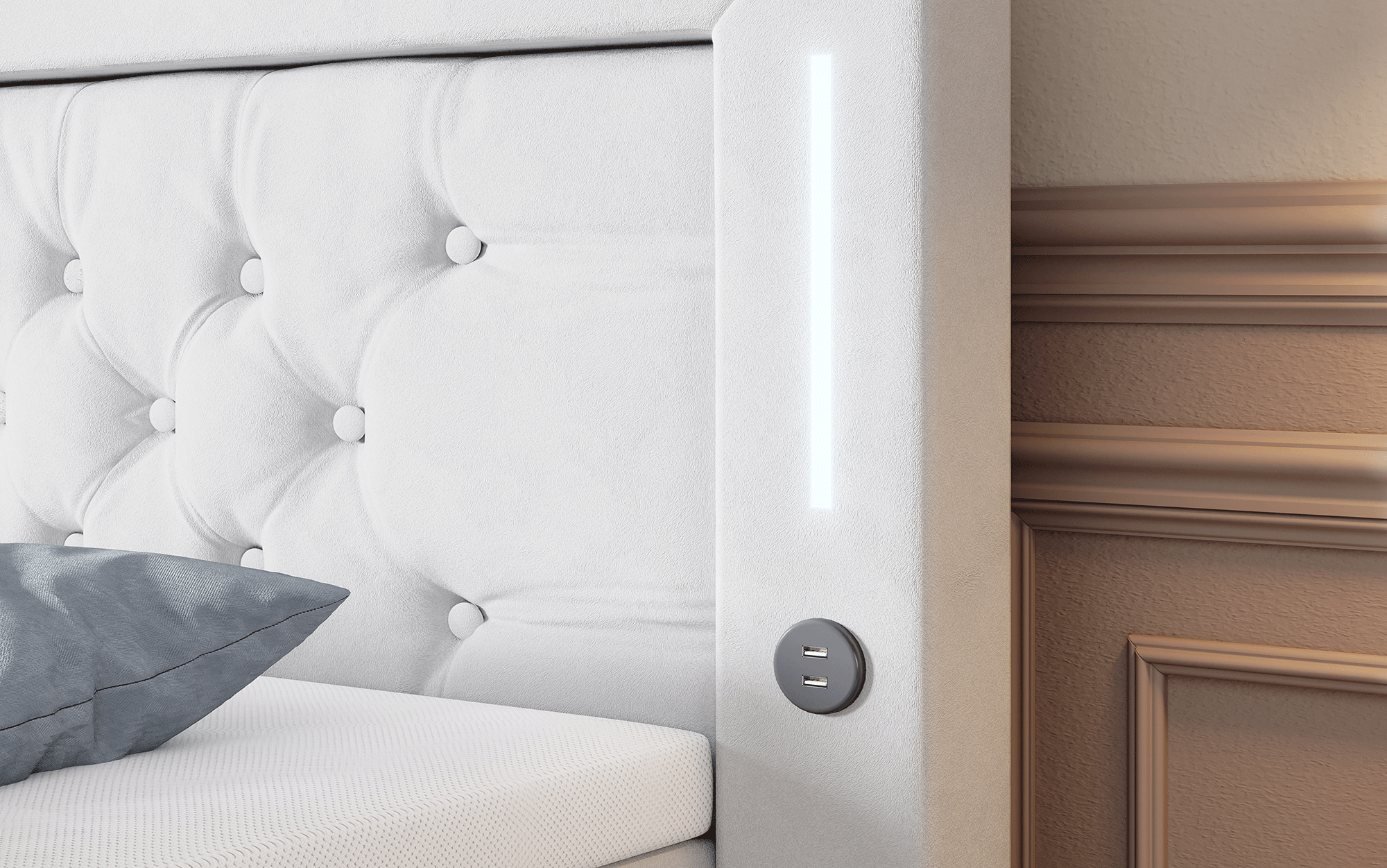 Majestätisches Boxspringbett Samt mit LED-Beleuchtung, USB-Anschlüssen und Stauraum