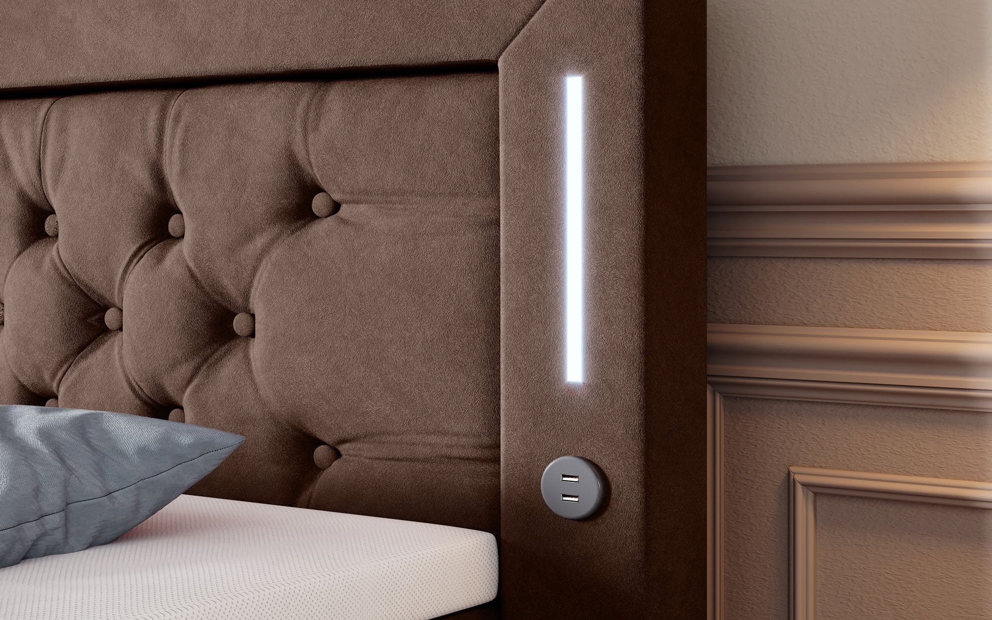 Majestätisches Boxspringbett Samt mit LED-Beleuchtung, USB-Anschlüssen und Stauraum