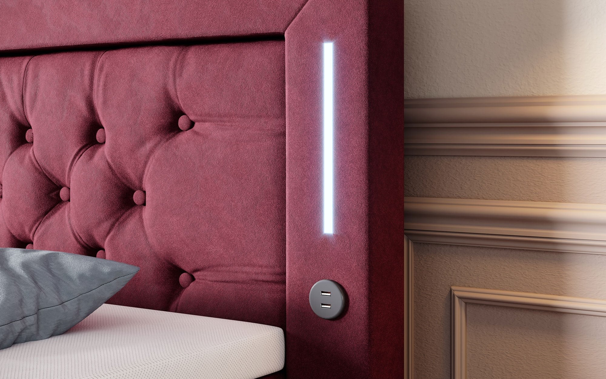 Majestätisches Boxspringbett Samt mit LED-Beleuchtung, USB-Anschlüssen und Stauraum