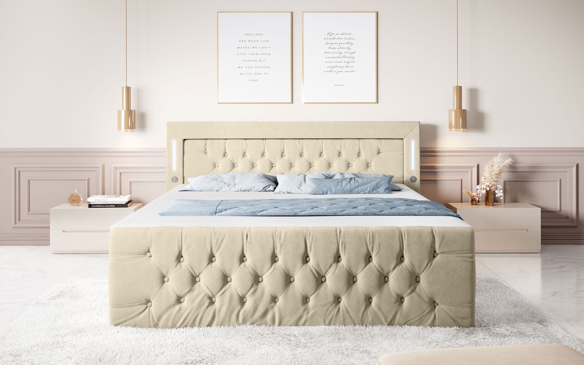 Majestätisches Boxspringbett Samt mit LED-Beleuchtung, USB-Anschlüssen und Stauraum