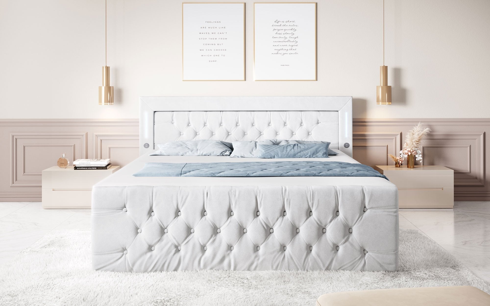 Majestätisches Boxspringbett Samt mit LED-Beleuchtung, USB-Anschlüssen und Stauraum