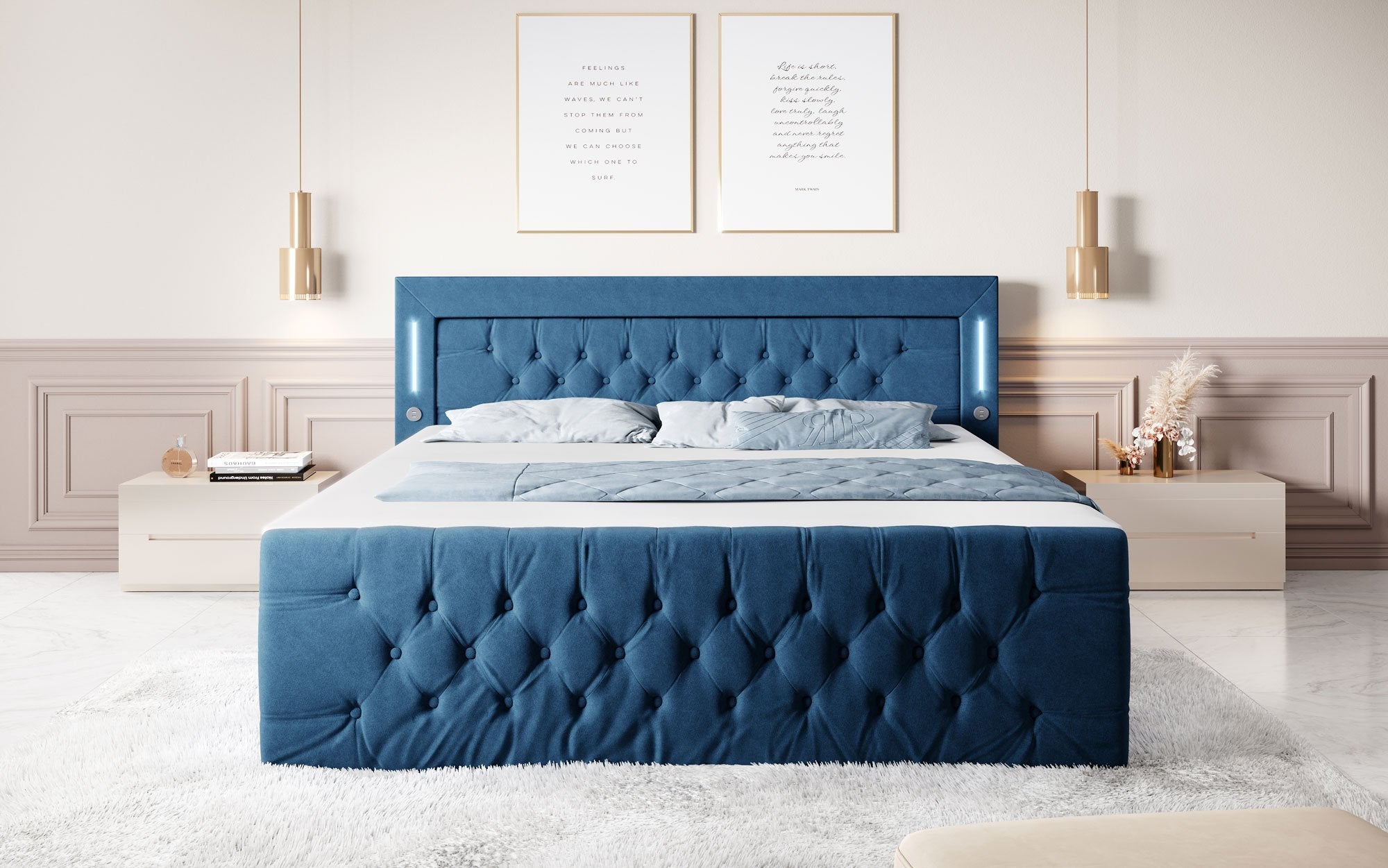 Majestätisches Boxspringbett Samt mit LED-Beleuchtung, USB-Anschlüssen und Stauraum