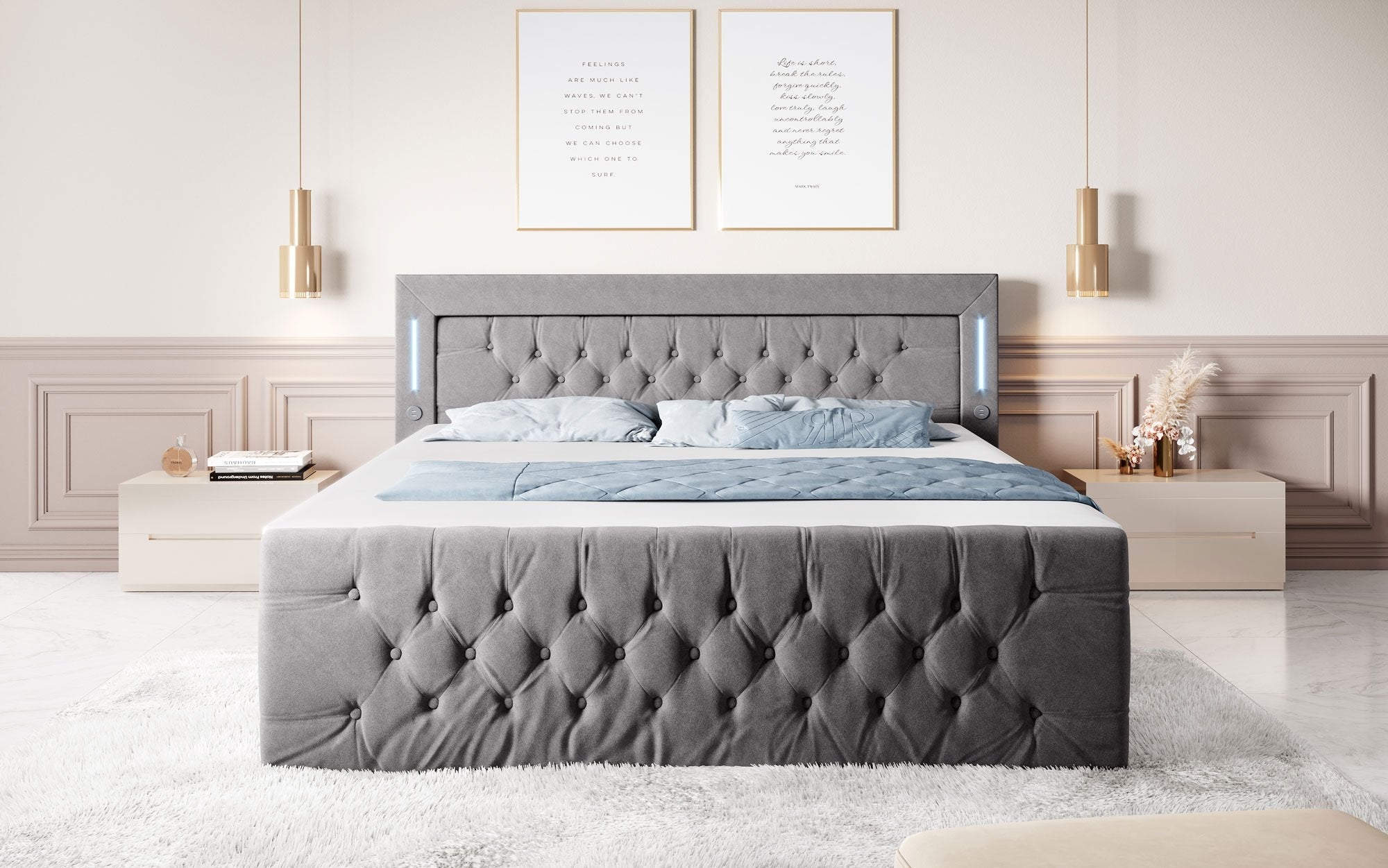 Majestätisches Boxspringbett Samt mit LED-Beleuchtung, USB-Anschlüssen und Stauraum