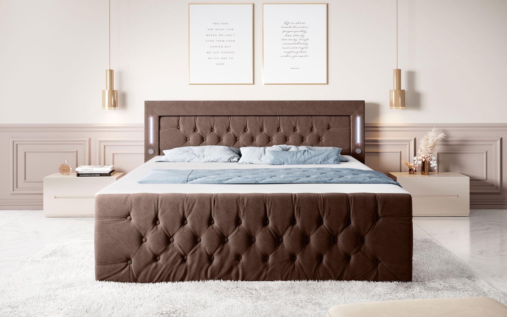 Majestätisches Boxspringbett Samt mit LED-Beleuchtung, USB-Anschlüssen und Stauraum