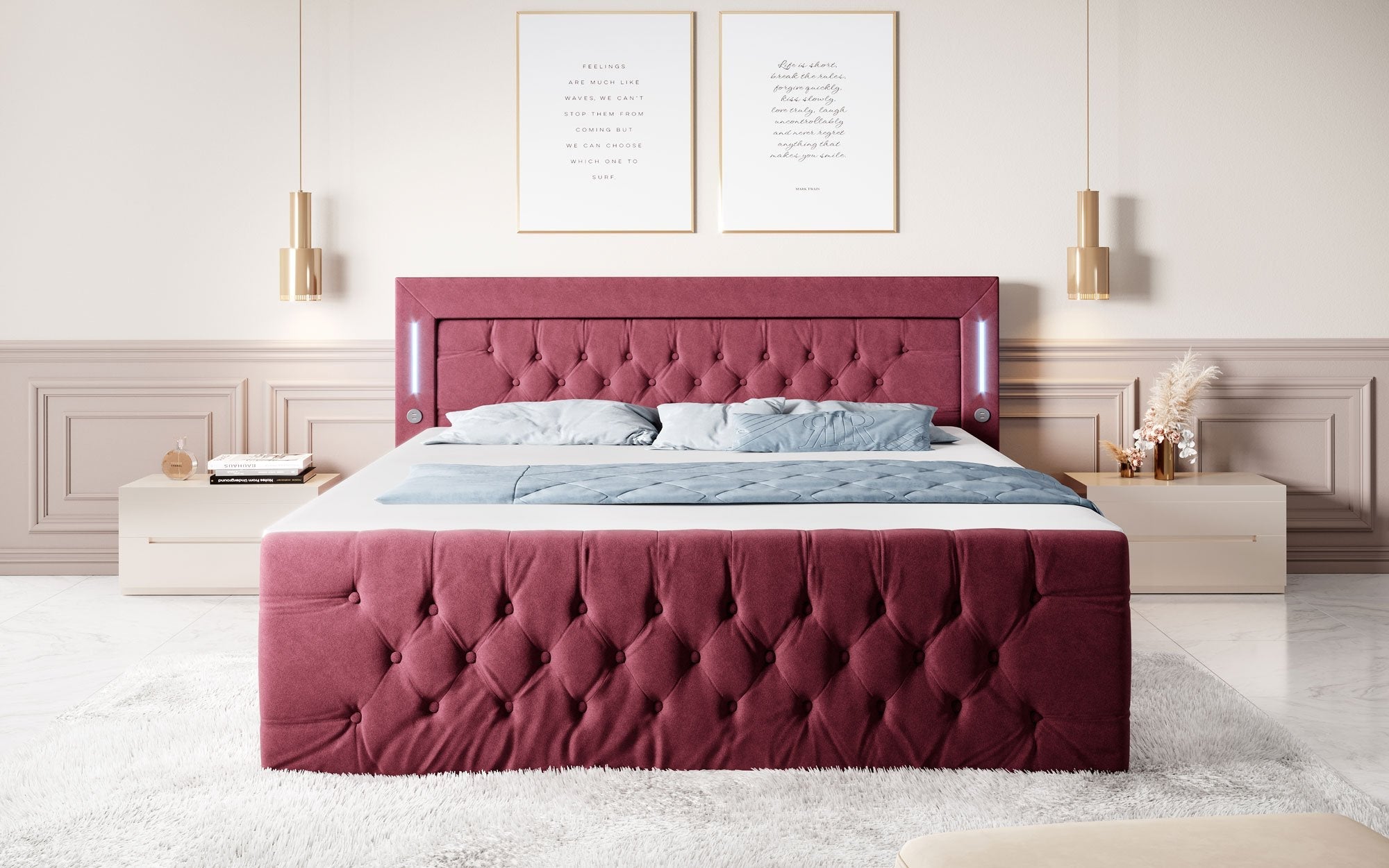 Majestätisches Boxspringbett Samt mit LED-Beleuchtung, USB-Anschlüssen und Stauraum