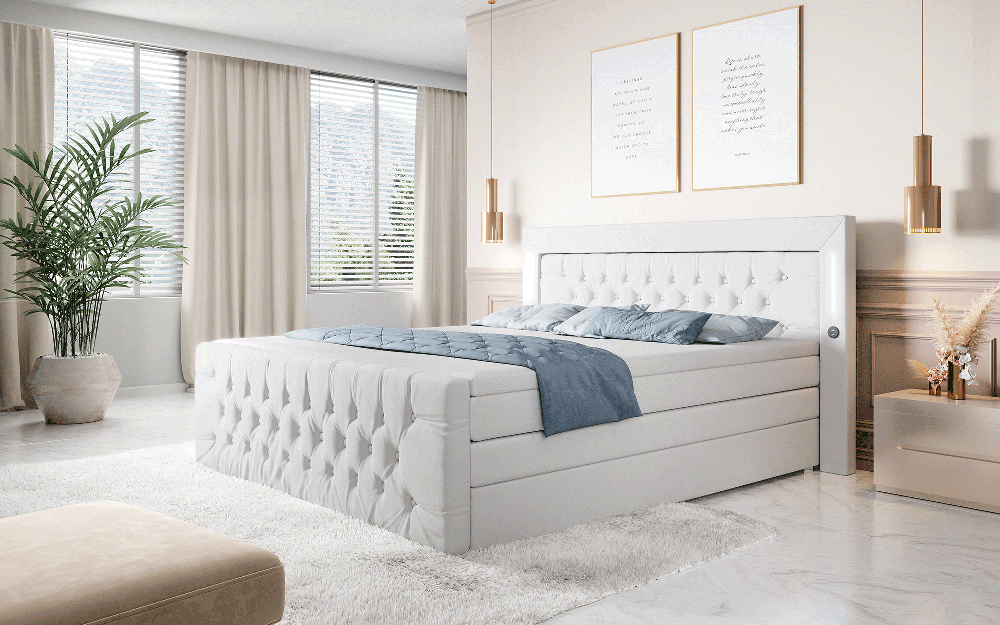 Majestätisches Boxspringbett Samt mit LED-Beleuchtung, USB-Anschlüssen und Stauraum