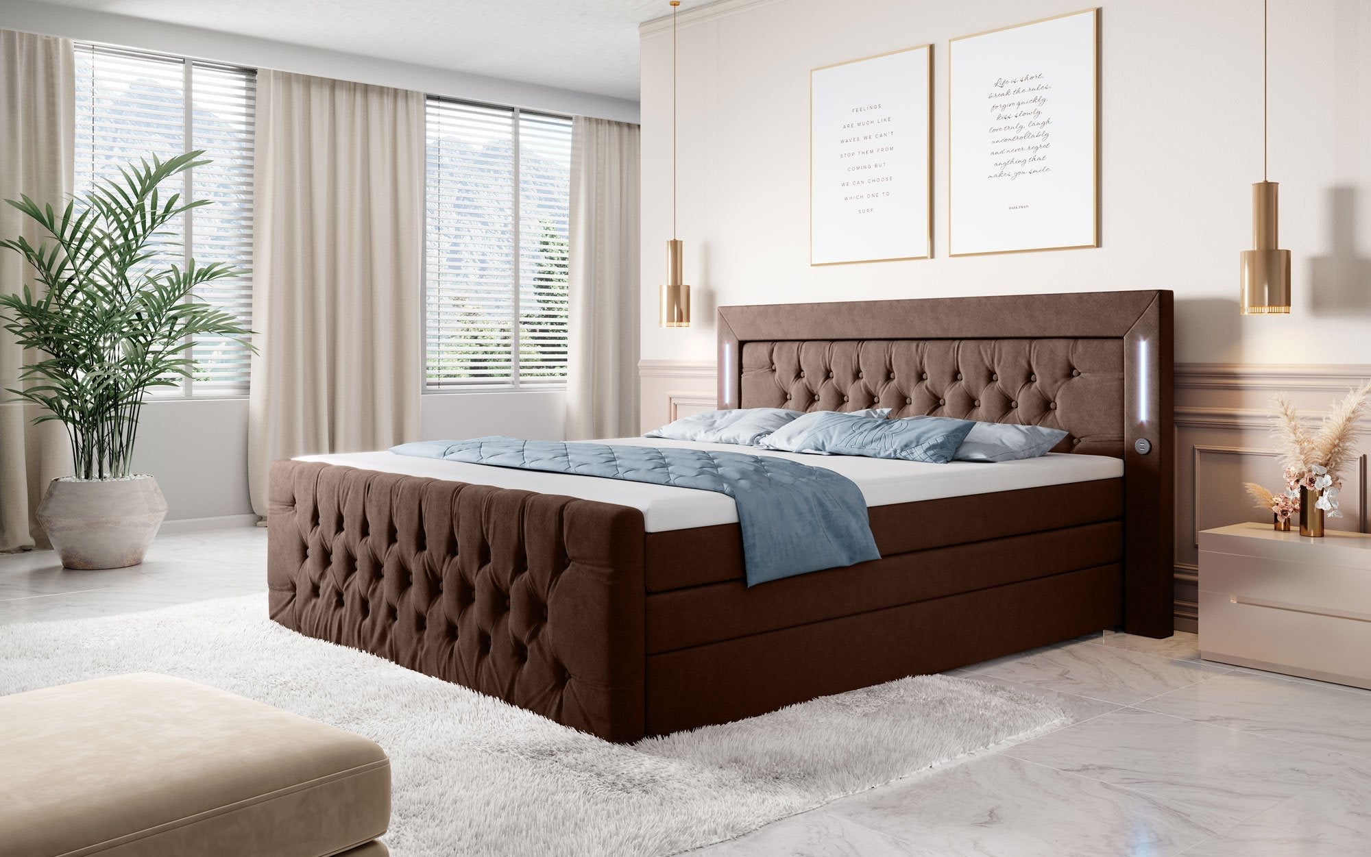 Majestätisches Boxspringbett Samt mit LED-Beleuchtung, USB-Anschlüssen und Stauraum