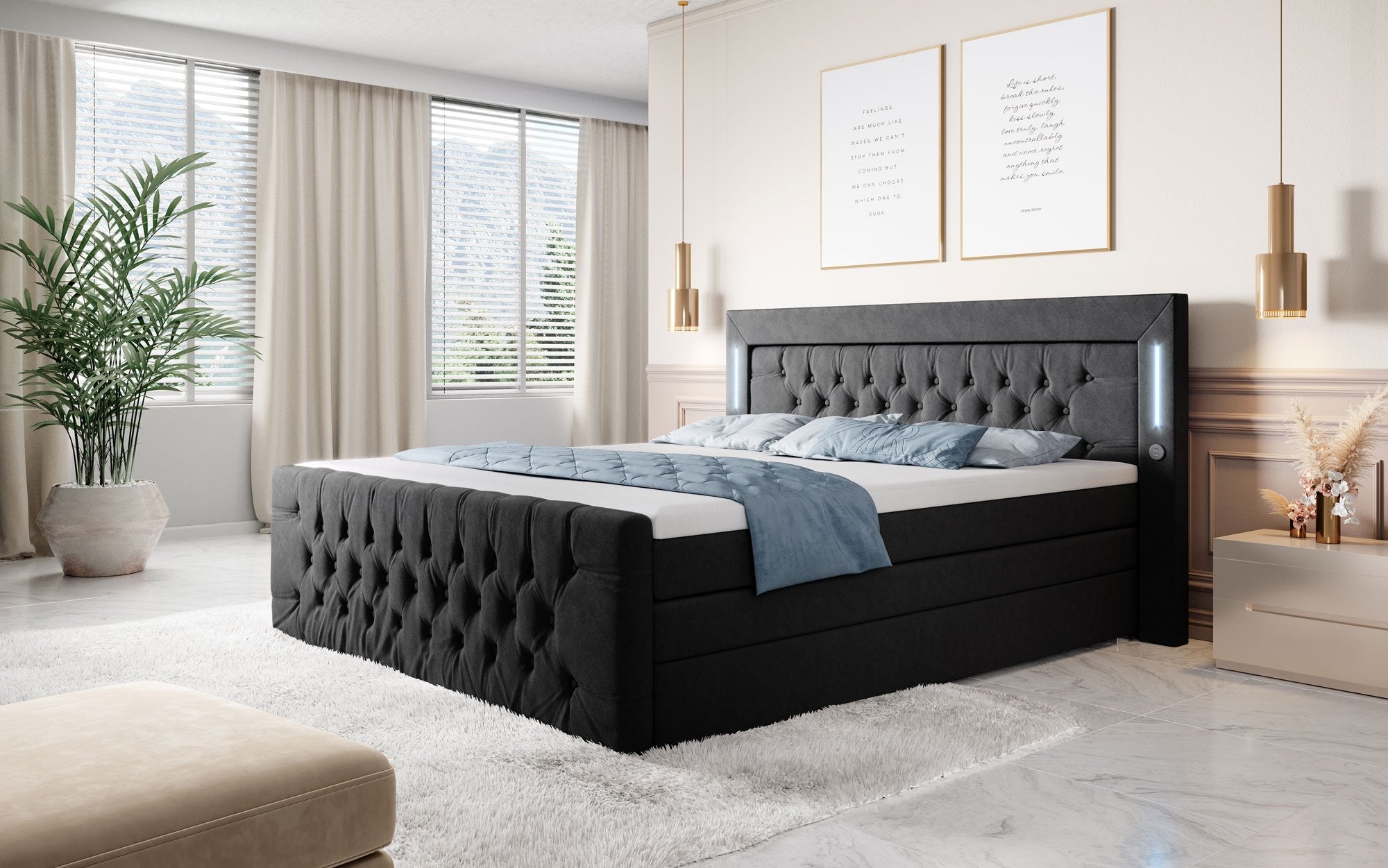 Majestätisches Boxspringbett Samt mit LED-Beleuchtung, USB-Anschlüssen und Stauraum
