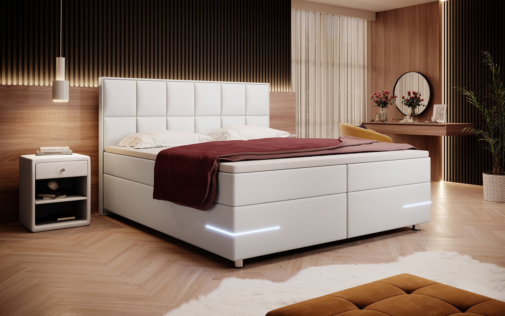 Luxuriöses Milano Boxspringbett: LED-Beleuchtung, Kunstlederbezug, Chromfüße – Optimaler Schlaf