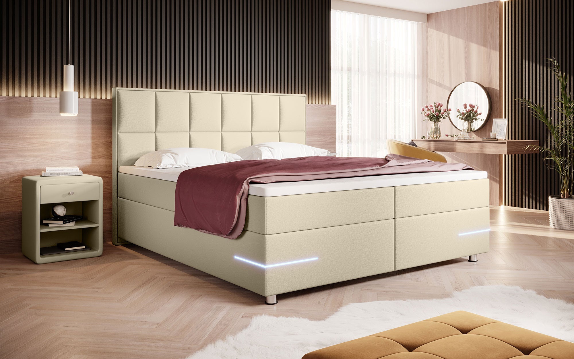 Luxuriöses Milano Boxspringbett: LED-Beleuchtung, Kunstlederbezug, Chromfüße – Optimaler Schlaf