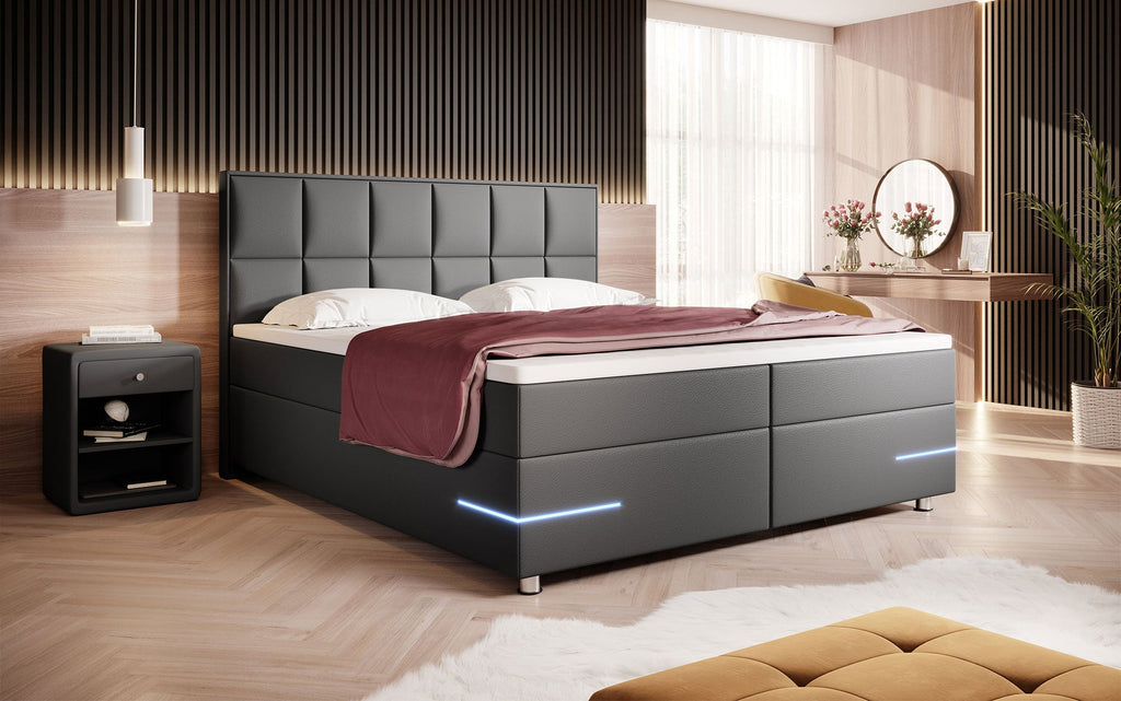 Luxuriöses Milano Boxspringbett: LED-Beleuchtung, Kunstlederbezug, Chromfüße – Optimaler Schlaf