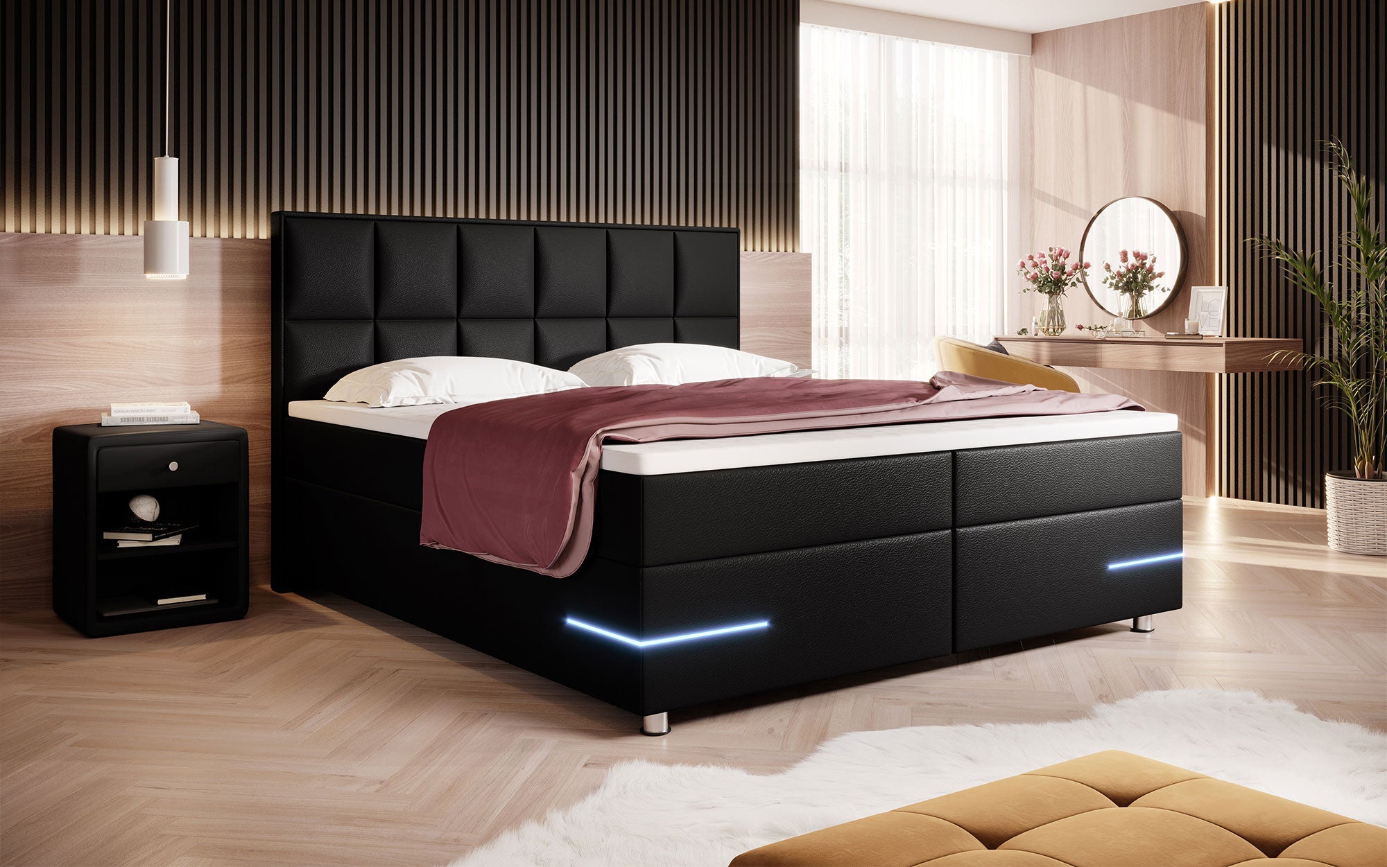 Luxuriöses Milano Boxspringbett: LED-Beleuchtung, Kunstlederbezug, Chromfüße – Optimaler Schlaf