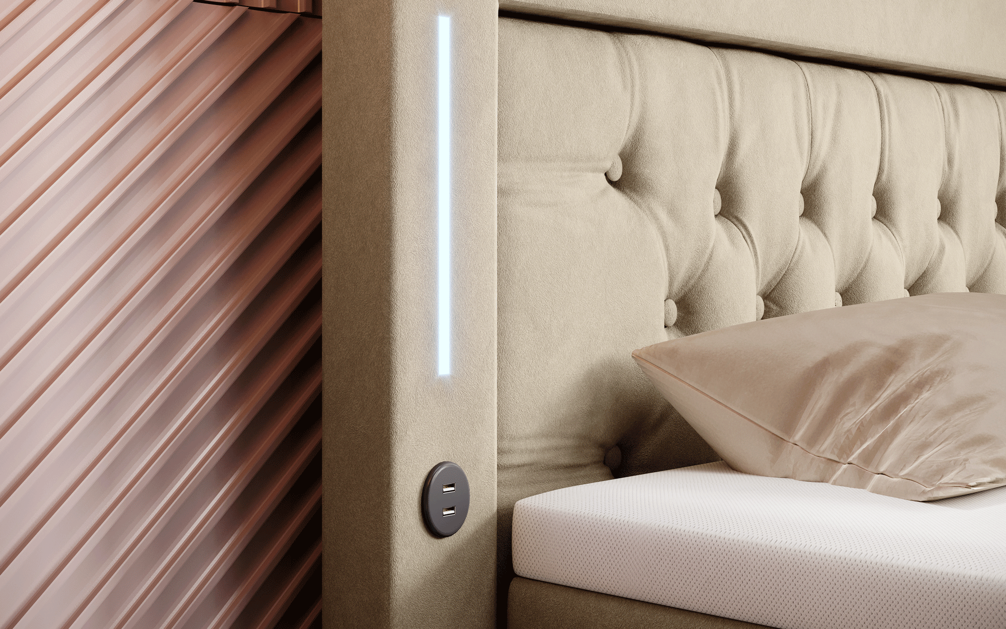 Paradis Boxspringbett mit LED-Beleuchtung, USB-Anschlüssen, Chromfüßen und luxuriösem Samt