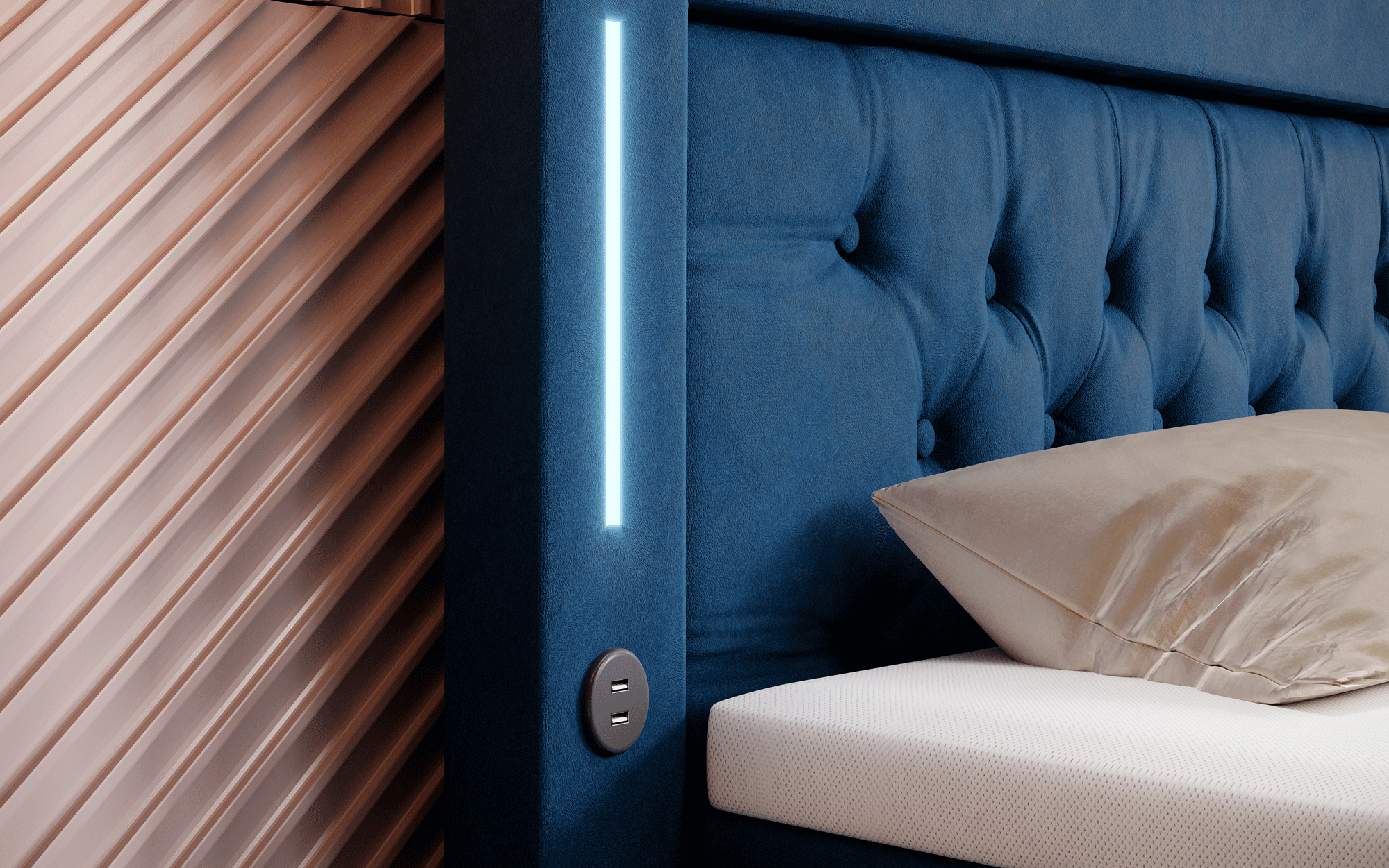 Paradis Boxspringbett mit LED-Beleuchtung, USB-Anschlüssen, Chromfüßen und luxuriösem Samt