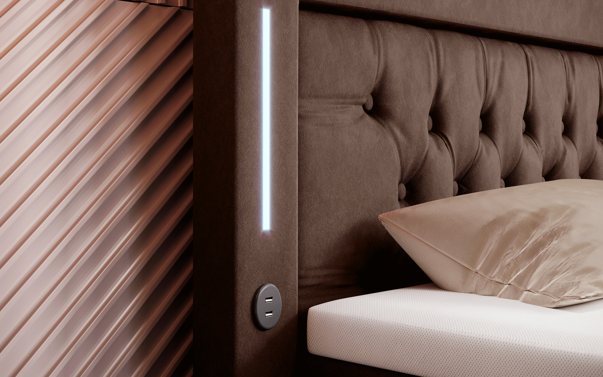 Paradis Boxspringbett mit LED-Beleuchtung, USB-Anschlüssen, Chromfüßen und luxuriösem Samt