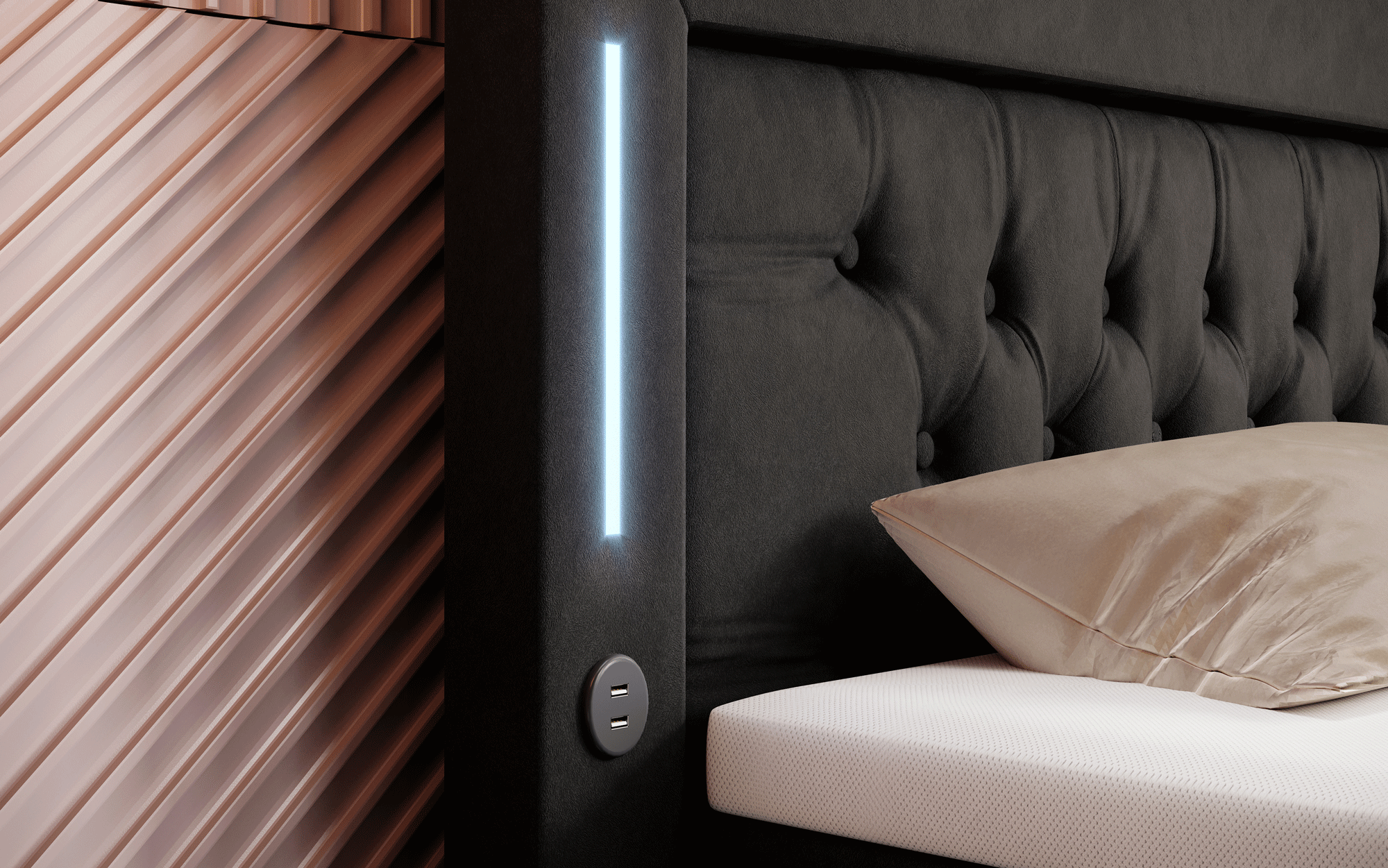 Paradis Boxspringbett mit LED-Beleuchtung, USB-Anschlüssen, Chromfüßen und luxuriösem Samt