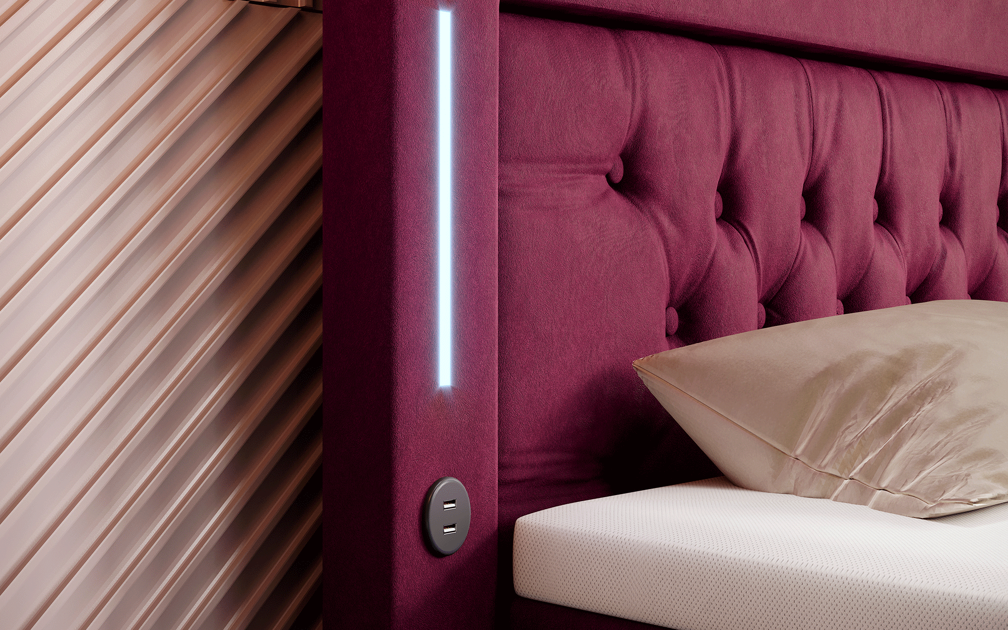 Paradis Boxspringbett mit LED-Beleuchtung, USB-Anschlüssen, Chromfüßen und luxuriösem Samt