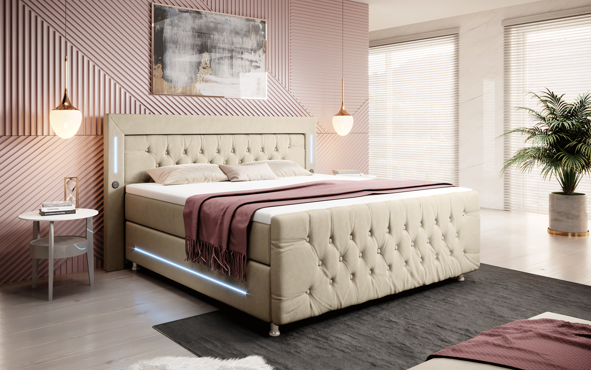 Paradis Boxspringbett mit LED-Beleuchtung, USB-Anschlüssen, Chromfüßen und luxuriösem Samt