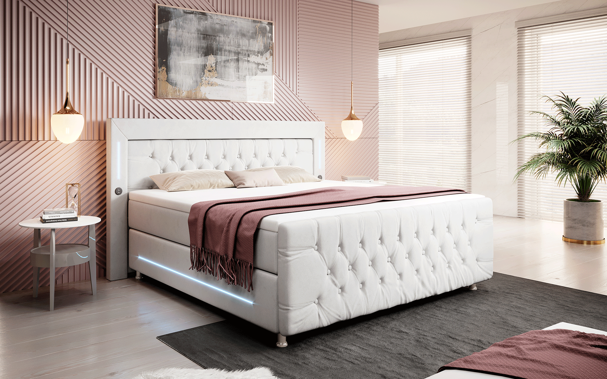 Paradis Boxspringbett mit LED-Beleuchtung, USB-Anschlüssen, Chromfüßen und luxuriösem Samt