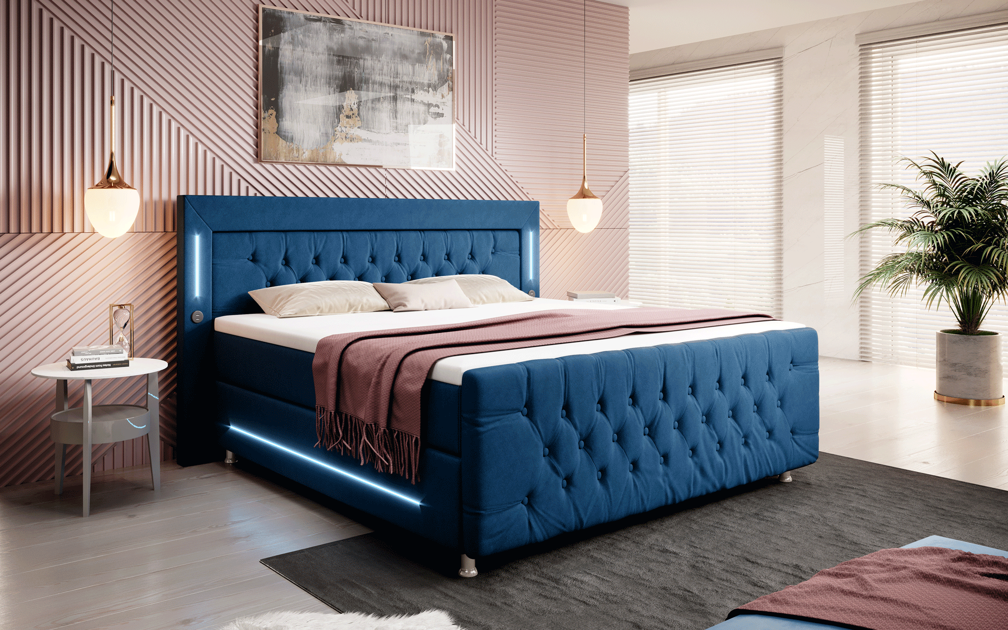 Paradis Boxspringbett mit LED-Beleuchtung, USB-Anschlüssen, Chromfüßen und luxuriösem Samt