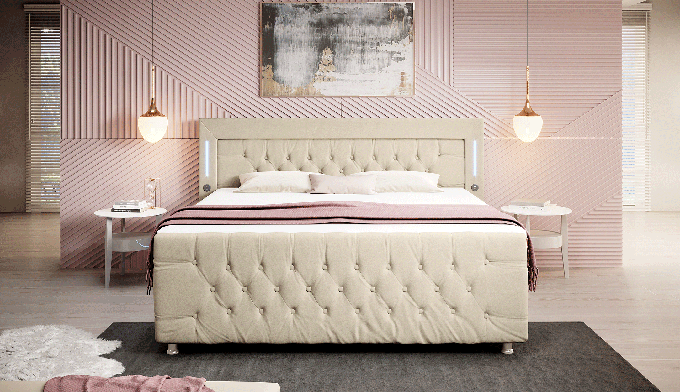 Paradis Boxspringbett mit LED-Beleuchtung, USB-Anschlüssen, Chromfüßen und luxuriösem Samt