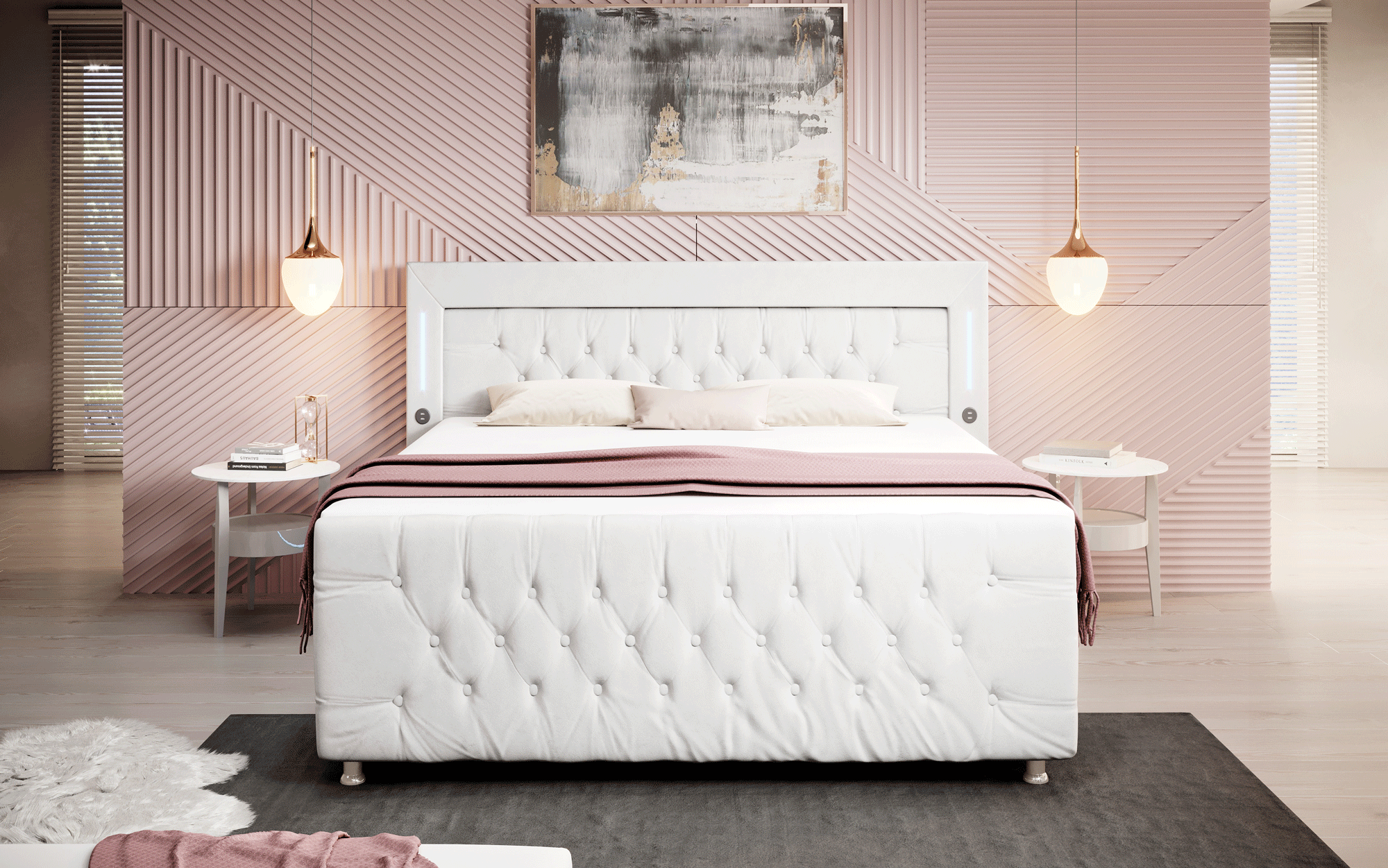 Paradis Boxspringbett mit LED-Beleuchtung, USB-Anschlüssen, Chromfüßen und luxuriösem Samt