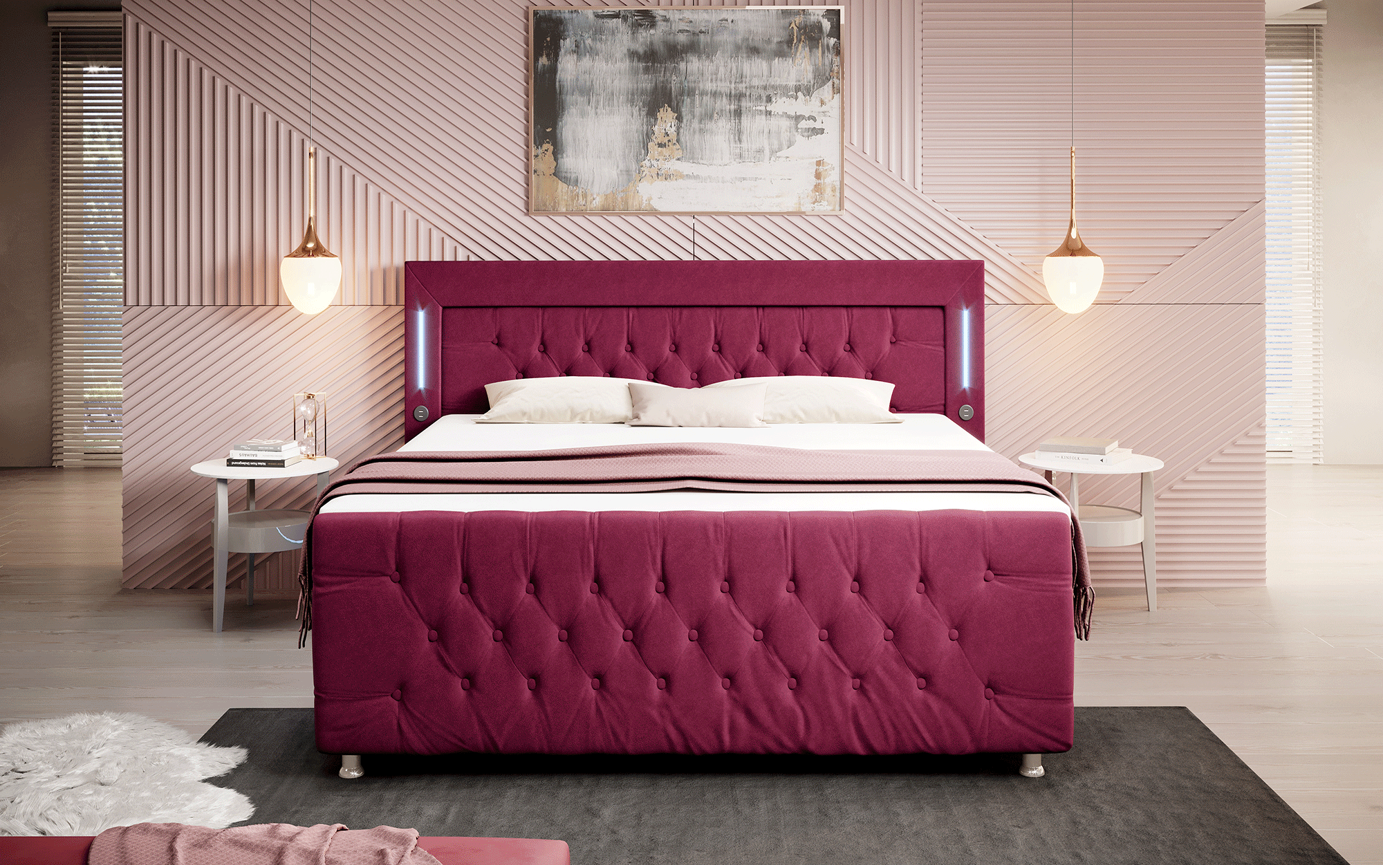 Paradis Boxspringbett mit LED-Beleuchtung, USB-Anschlüssen, Chromfüßen und luxuriösem Samt