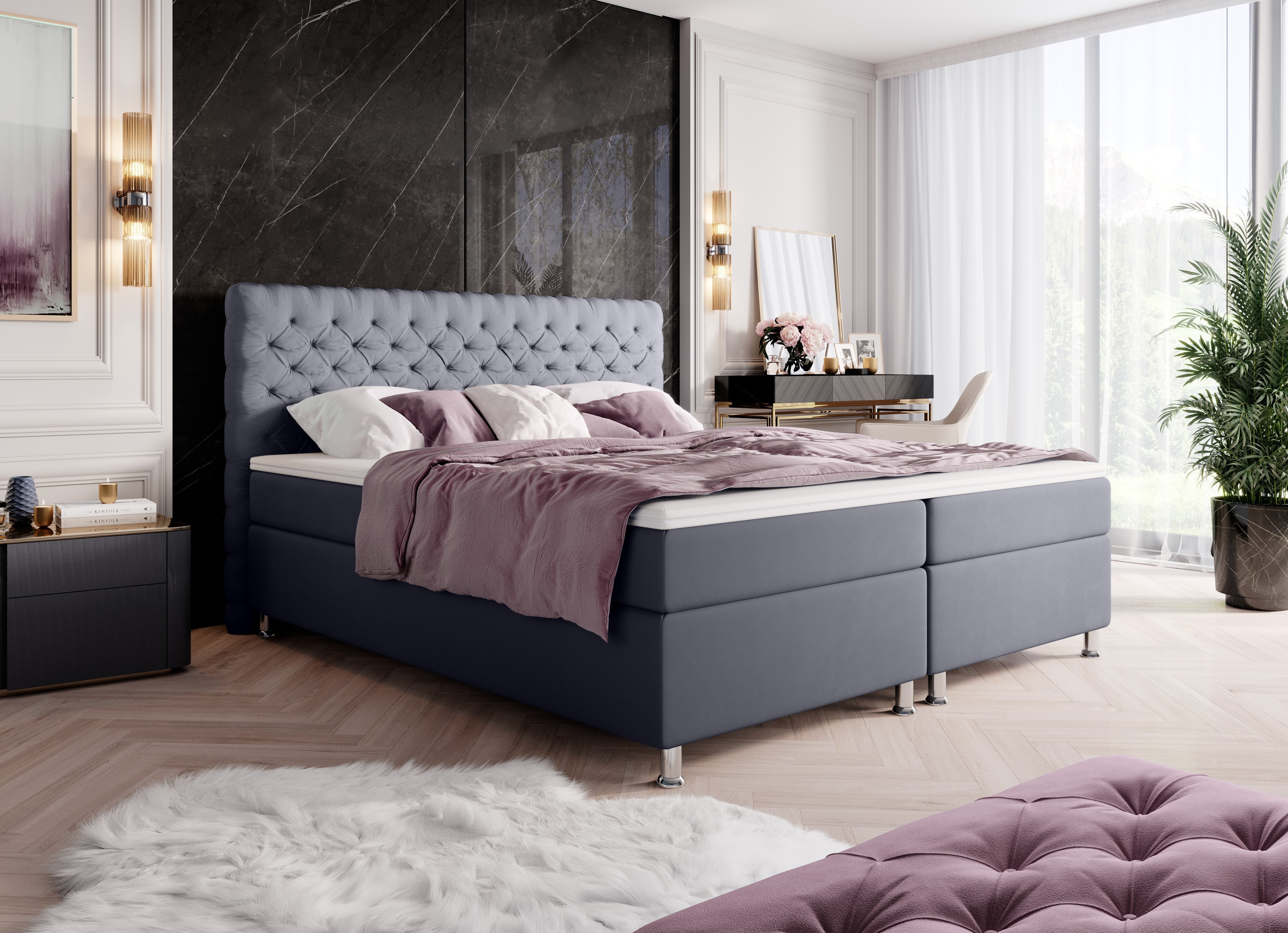 Luxuriöses Samt Boxspringbett Shabby Chic | Integrierter Stauraum | Optimaler Schlafkomfort