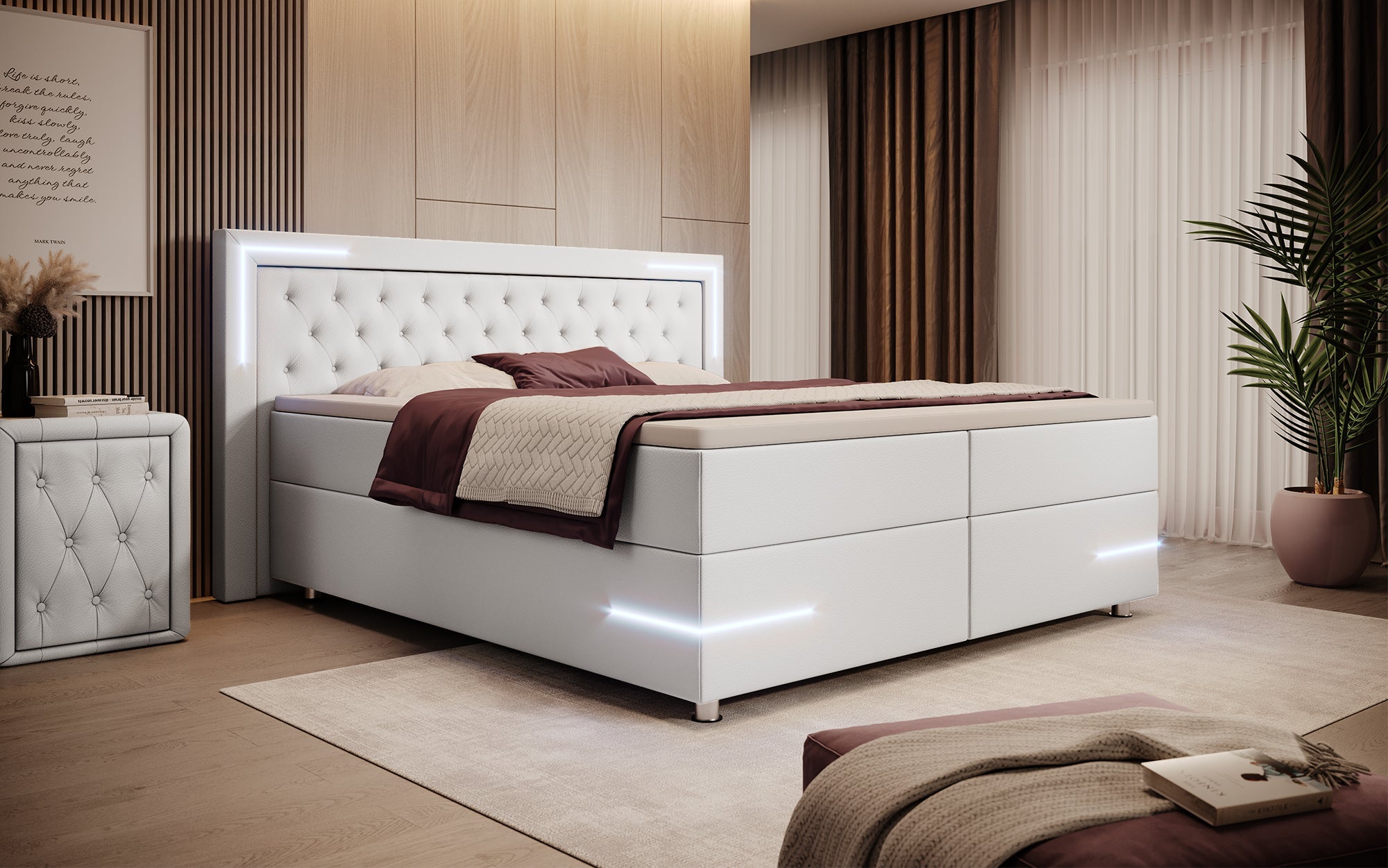 Verona Boxspringbett: Stilvolles Kunstleder, LED-Licht, Stauraum, Top-Schlafkomfort