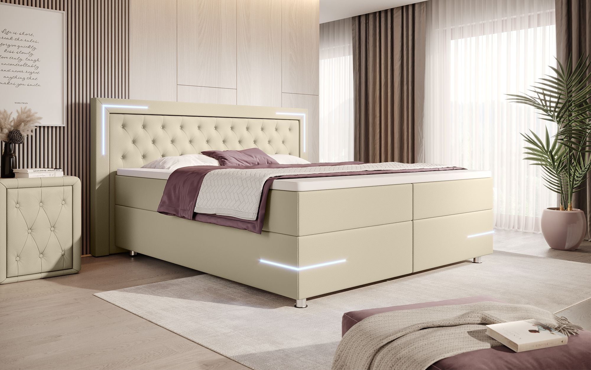 Verona Boxspringbett: Stilvolles Kunstleder, LED-Licht, Stauraum, Top-Schlafkomfort