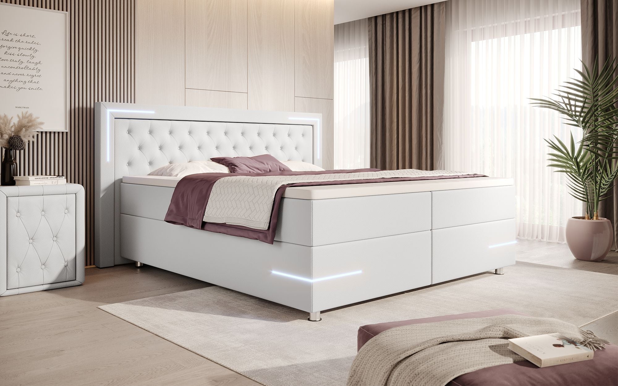 Verona Boxspringbett: Stilvolles Kunstleder, LED-Licht, Stauraum, Top-Schlafkomfort