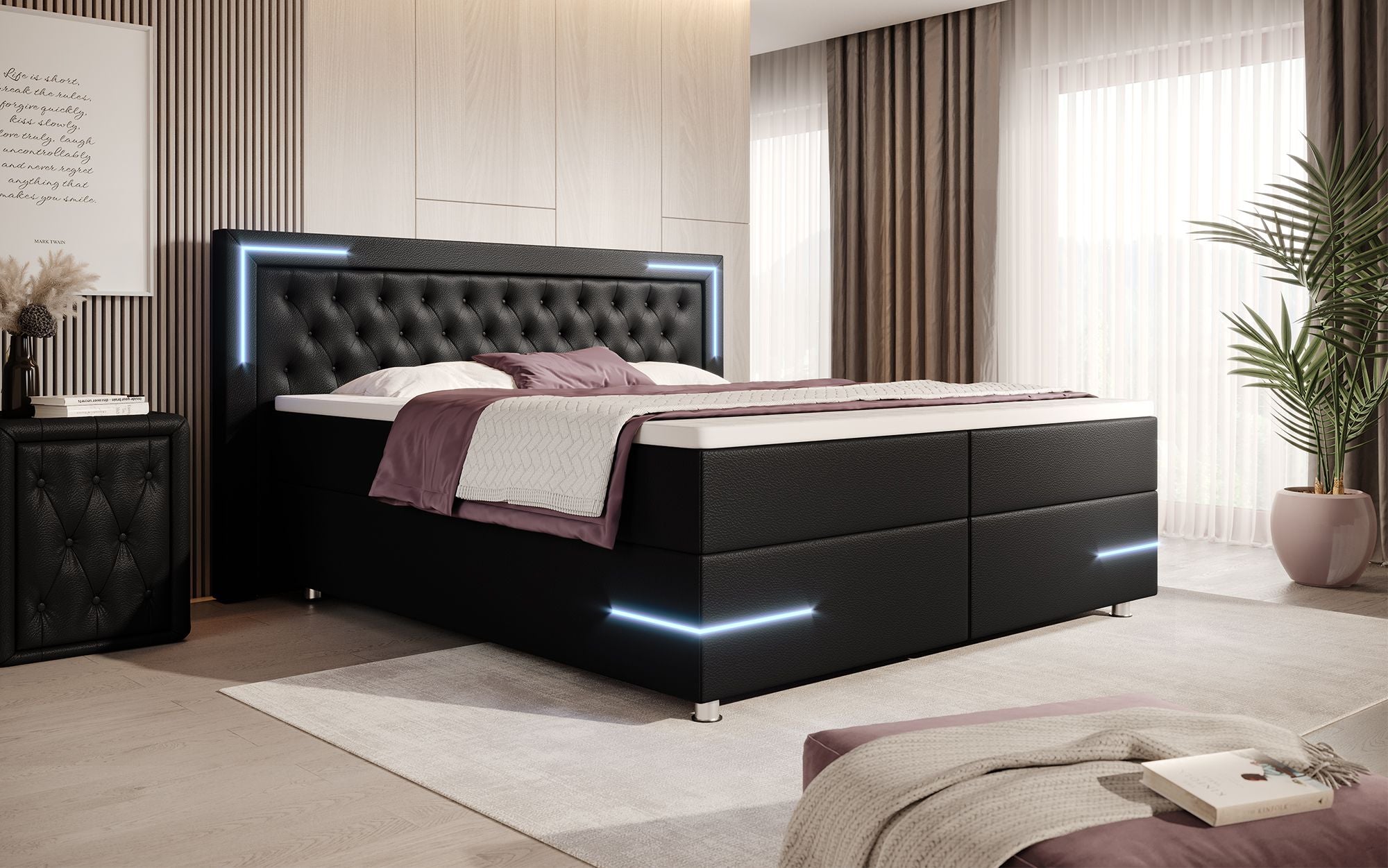 Verona Boxspringbett: Stilvolles Kunstleder, LED-Licht, Stauraum, Top-Schlafkomfort