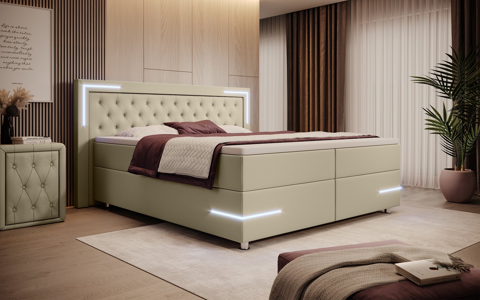 Verona Boxspringbett: Stilvolles Kunstleder, LED-Licht, Stauraum, Top-Schlafkomfort