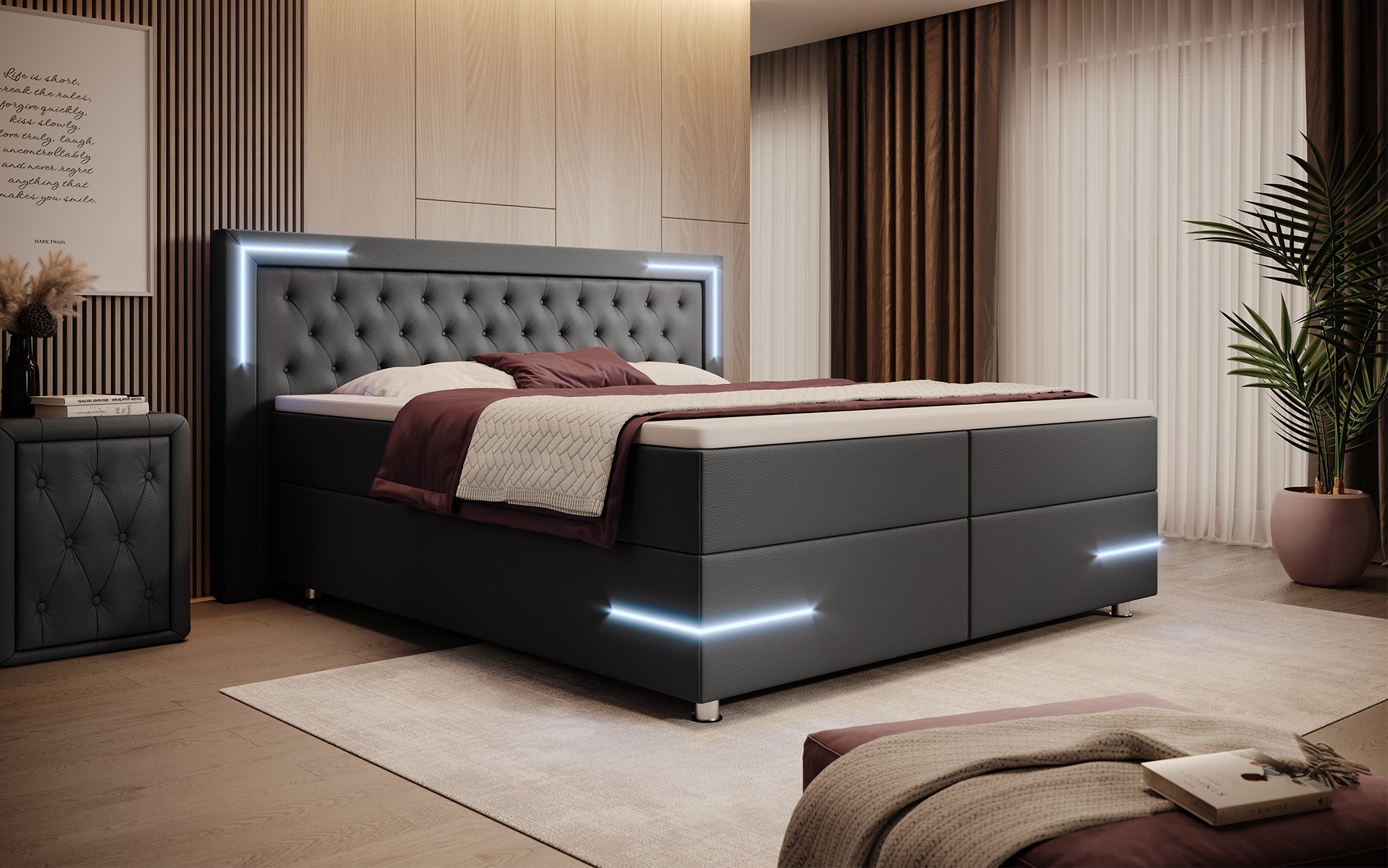 Verona Boxspringbett: Stilvolles Kunstleder, LED-Licht, Stauraum, Top-Schlafkomfort