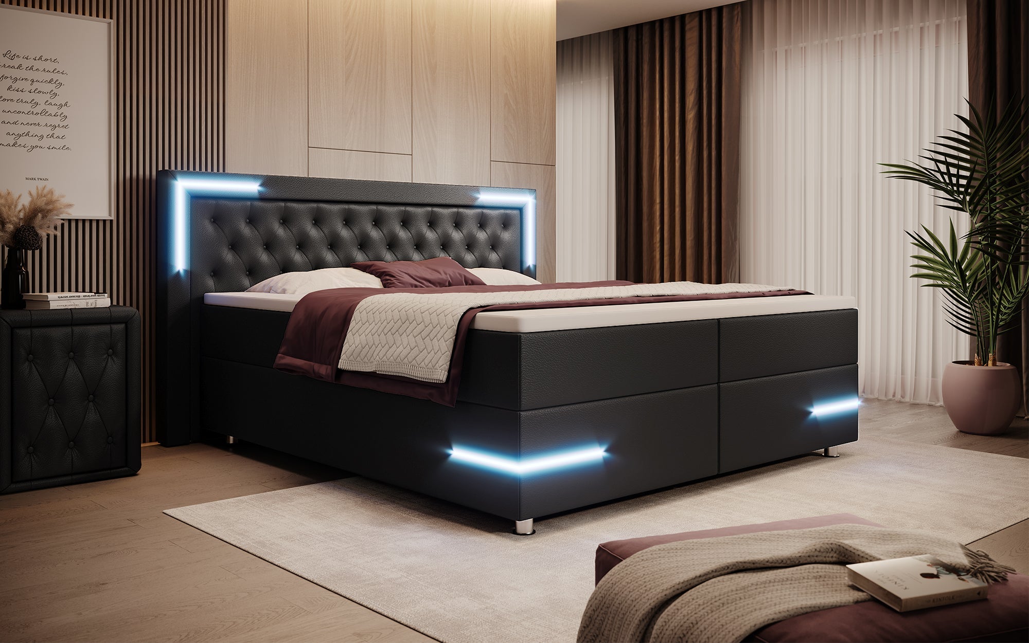 Verona Boxspringbett: Stilvolles Kunstleder, LED-Licht, Stauraum, Top-Schlafkomfort