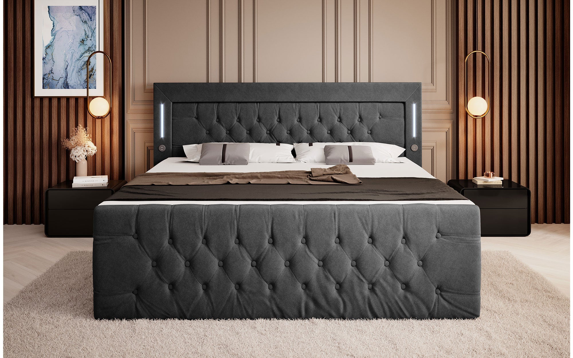 Elegance Boxspringbett Samt LED USB – Luxus Schlafzimmer mit Stauraum
