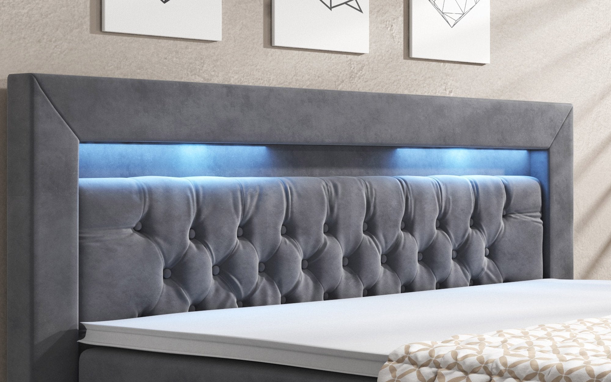 Menzogna Boxspringbett mit LED-Beleuchtung und Stauraum – Samt-Luxus für Ihr Schlafzimmer