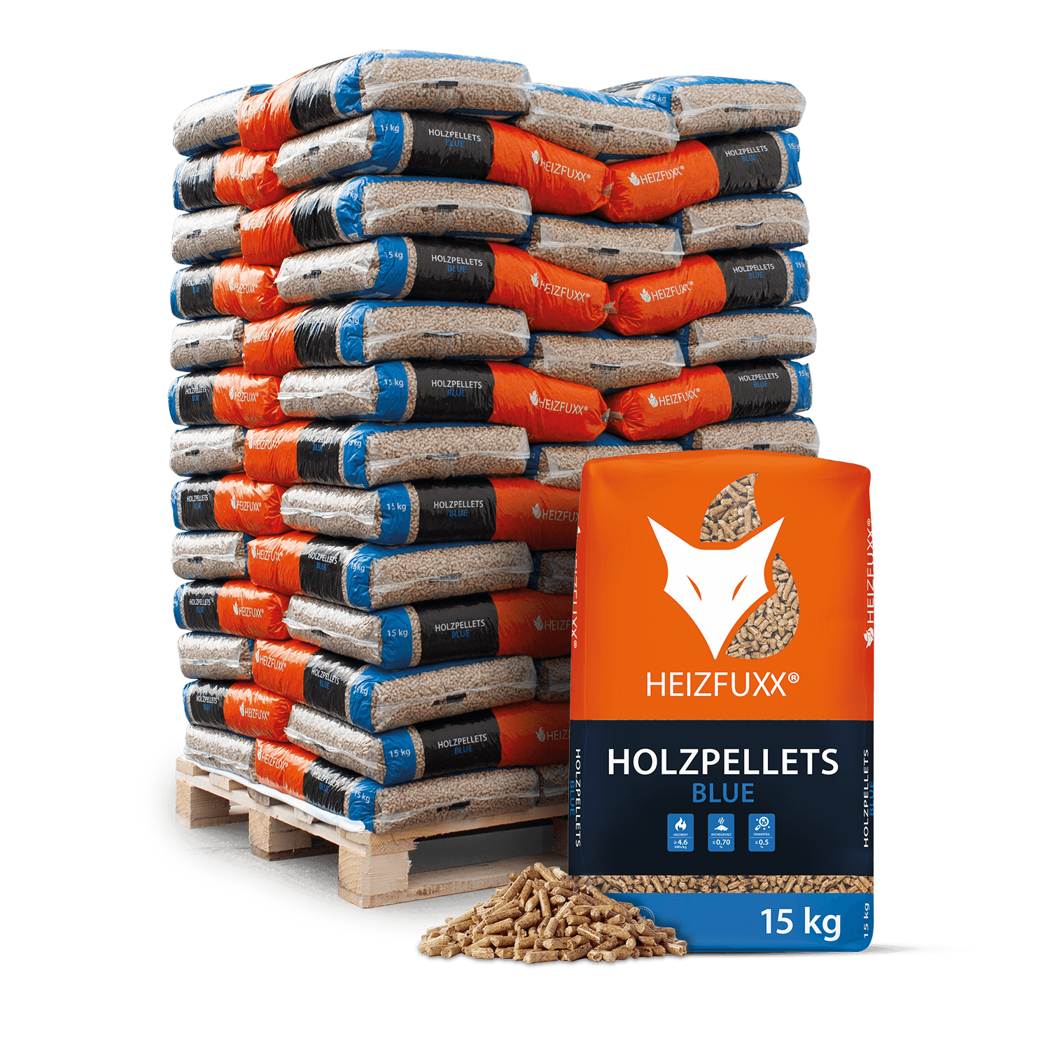 Heizfuxx® Blue Holzpellets: ENplus A1 zertifiziert, Weichholz, hoher Heizwert, umweltfreundlich, 65x15kg Palette