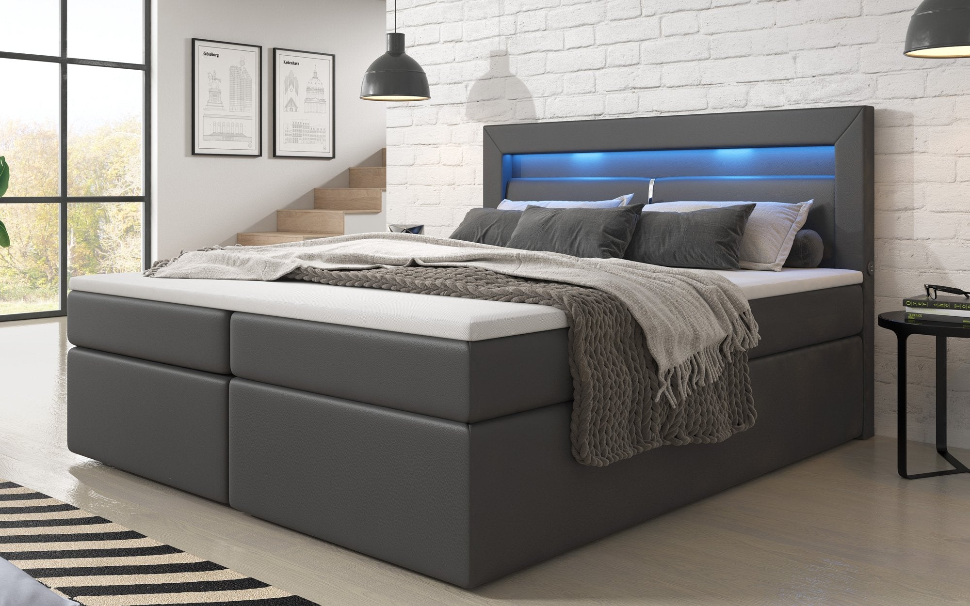 Luxuriöses Repos Boxspringbett mit LED Beleuchtung, USB-Anschlüssen & Komfort-Matratze