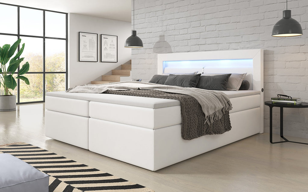 Luxuriöses Repos Boxspringbett mit LED Beleuchtung, USB-Anschlüssen & Komfort-Matratze