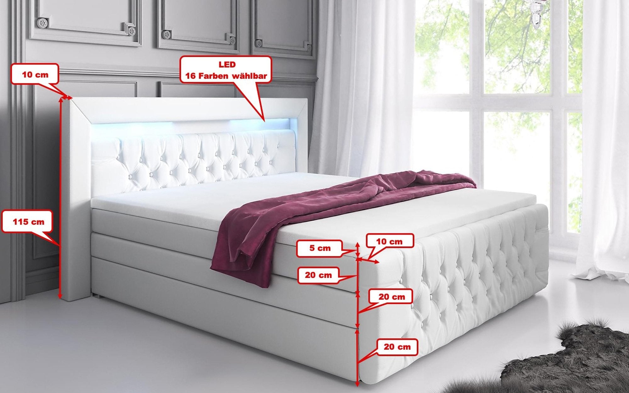 Luxuriöses Boxspringbett Sonno: LED, USB, Stauraum – Ultimativer Schlafkomfort