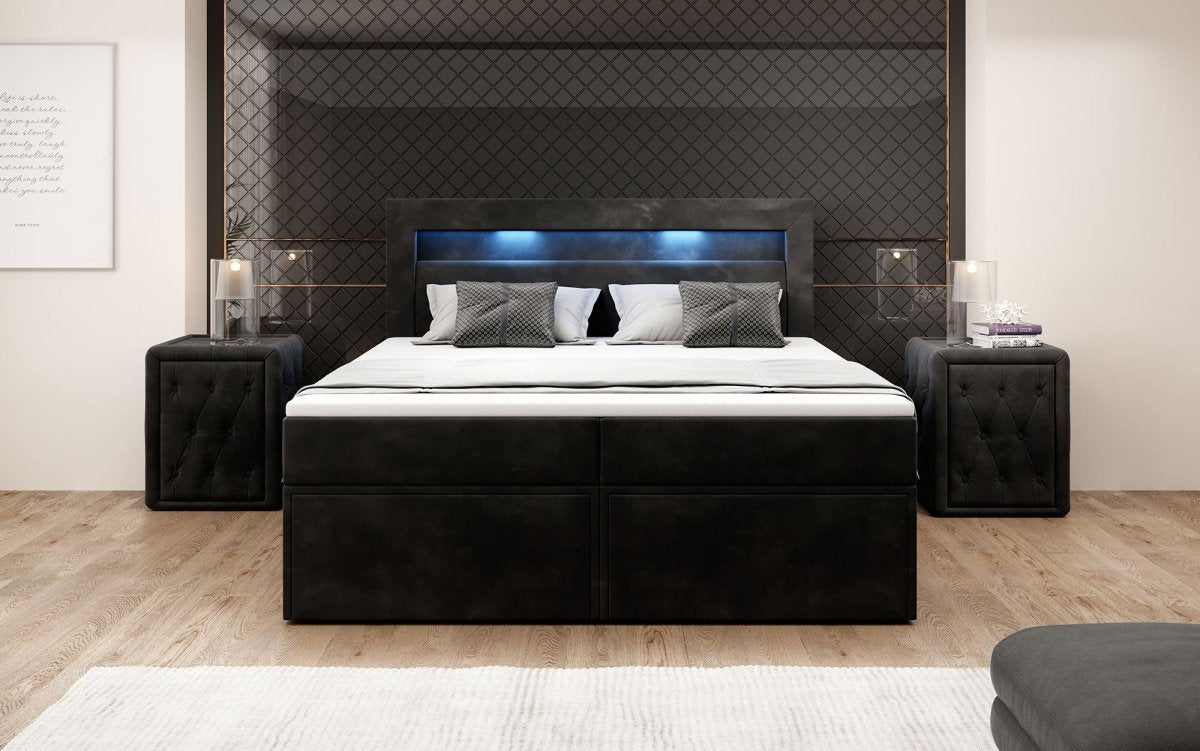 Luxuriöses Amélie Boxspringbett aus Samt mit LED-Beleuchtung und viel Stauraum