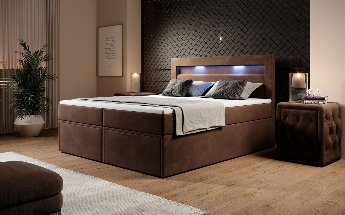 Luxuriöses Amélie Boxspringbett aus Samt mit LED-Beleuchtung und viel Stauraum