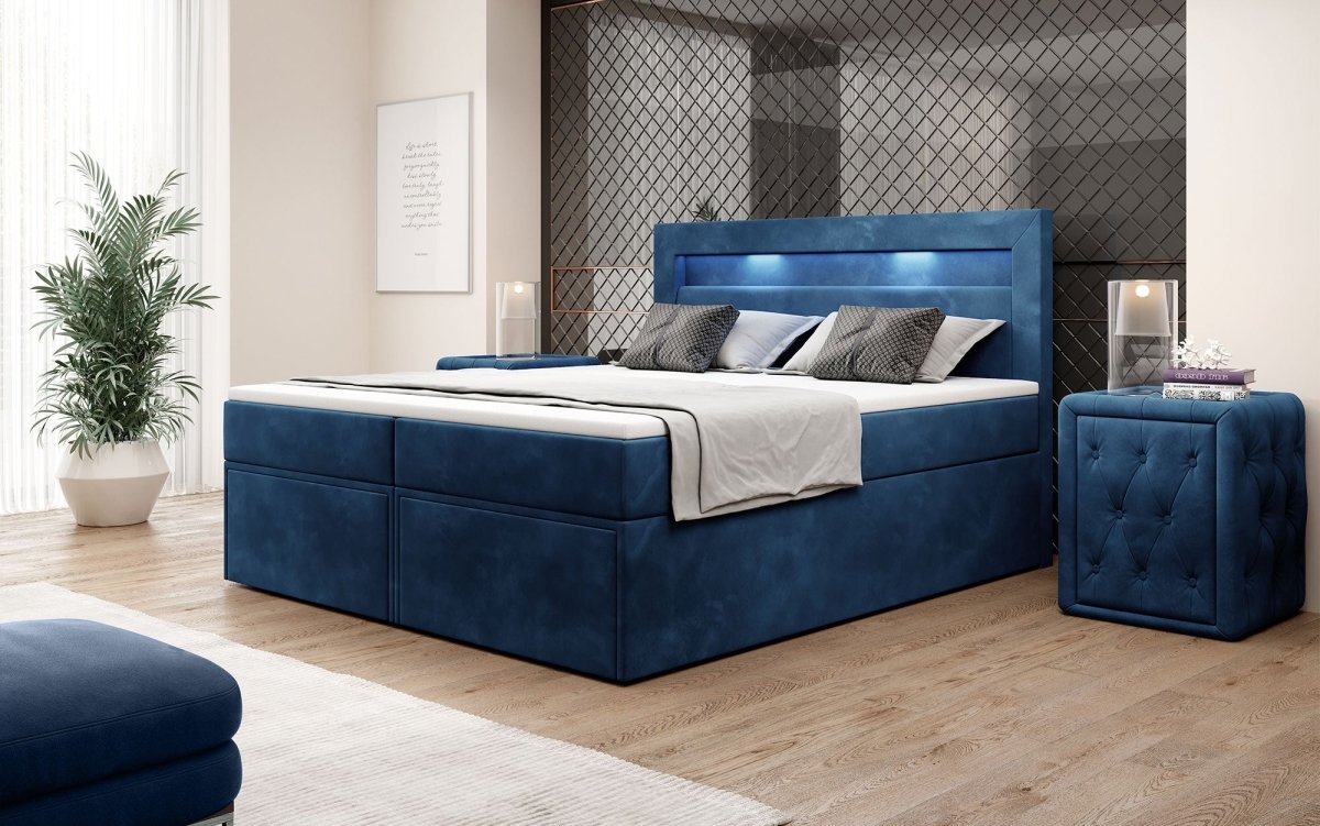 Luxuriöses Amélie Boxspringbett aus Samt mit LED-Beleuchtung und viel Stauraum