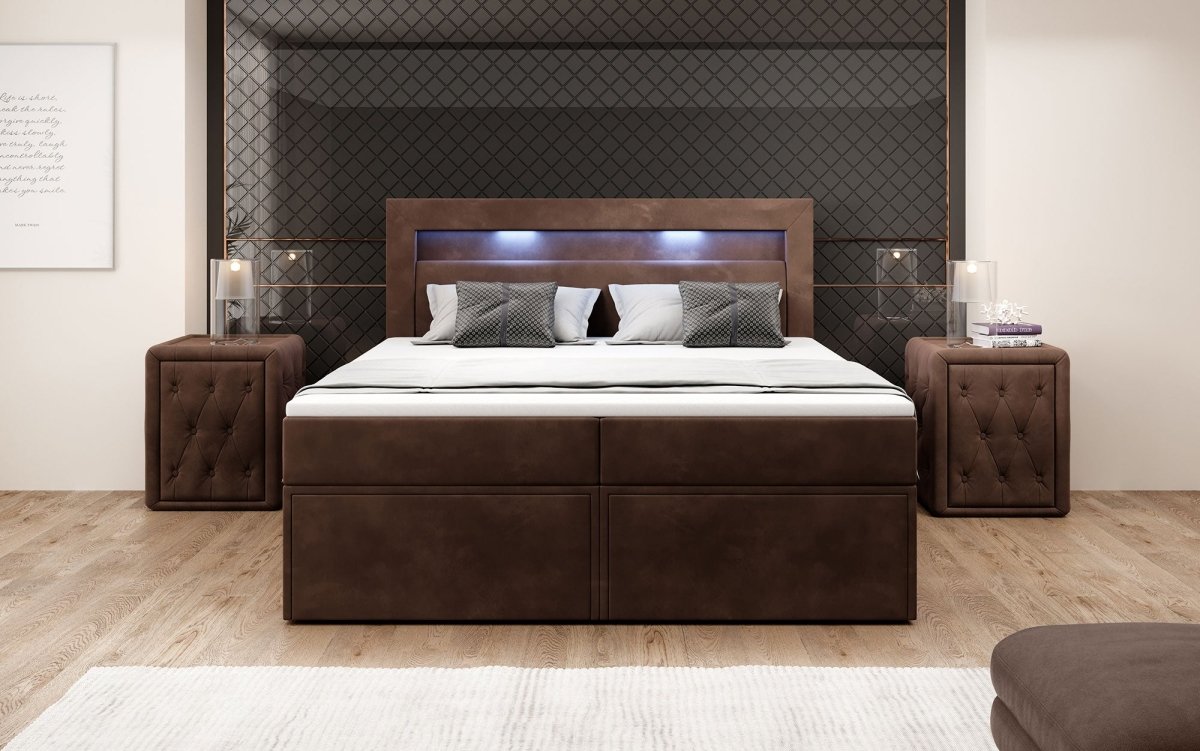 Luxuriöses Amélie Boxspringbett aus Samt mit LED-Beleuchtung und viel Stauraum